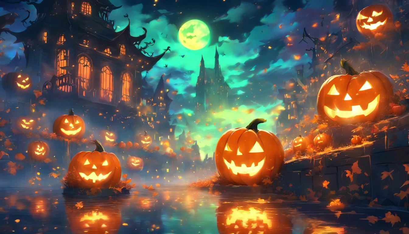 Halloween Floating Lights, Light and reflection in the film, glowing lights, Intermediate elements of the metaverse,Digital Painting, Bright Reflections, reflect, Halloween Jack-o'-lantern, Quiet night, Digital Illustration, lovely atmosphere, Skylight at night, Quiet atmosphere at night, Jack-o'-lantern, Halloween, it is night, 10, The game scene, Halloween, Surrounded by clouds, New York's Buildings, Will、Enamel Tile, beautifuly color, There are three arches in the foreground((Tinted Ink ) ), ((splashing ink) inky})), tmasterpiece, High career, graphics beautiful, high details,magnifica