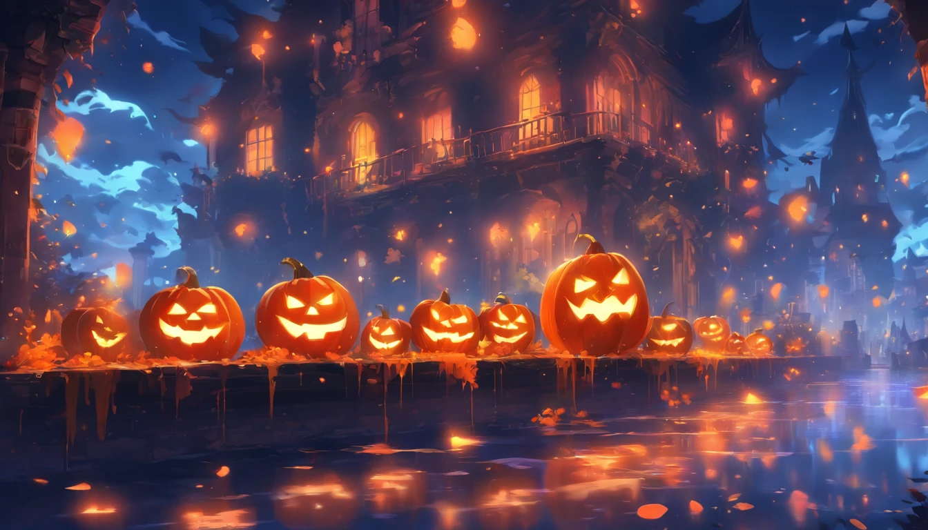 Halloween Floating Lights, Light and reflection in the film, glowing lights, Intermediate elements of the metaverse,Digital Painting, Bright Reflections, reflect, Halloween Jack-o'-lantern, Quiet night, Digital Illustration, lovely atmosphere, Skylight at night, Quiet atmosphere at night, Jack-o'-lantern, Halloween, it is night, 10, The game scene, Halloween, Surrounded by clouds, New York's Buildings, Will、Enamel Tile, beautifuly color, There are three arches in the foreground((Tinted Ink ) ), ((splashing ink) inky})), tmasterpiece, High career, graphics beautiful, high details,magnifica