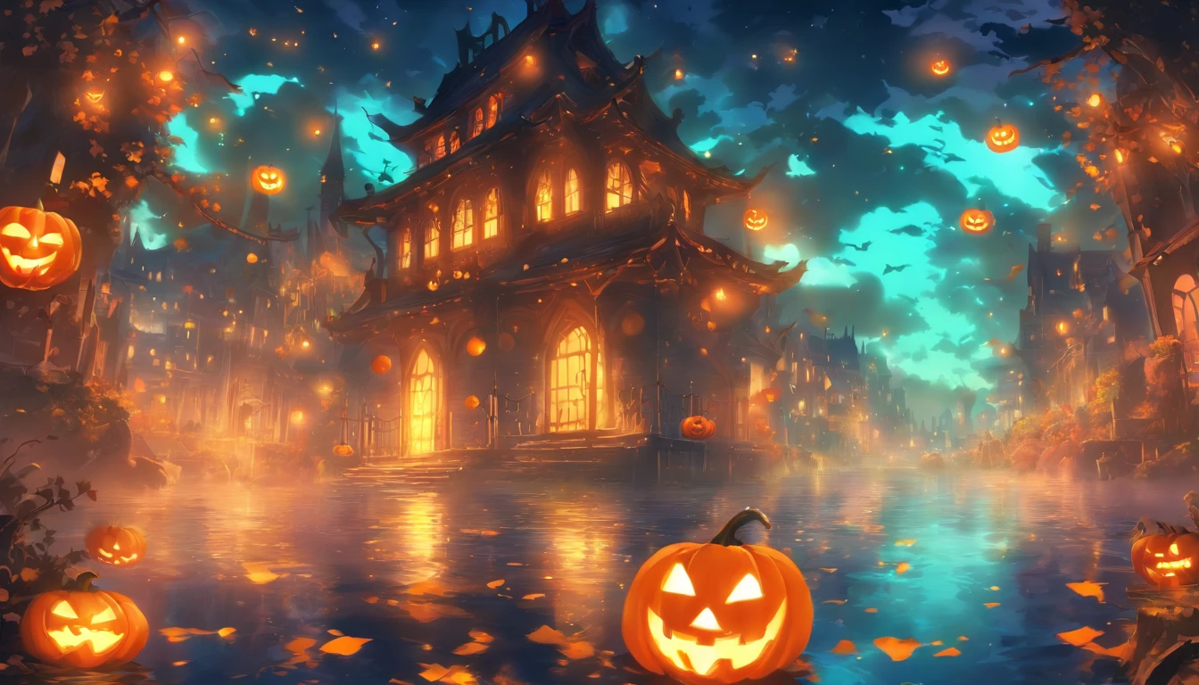 Halloween Floating Lights, Light and reflection in the film, glowing lights, Intermediate elements of the metaverse,Digital Painting, Bright Reflections, reflect, Halloween Jack-o'-lantern, Quiet night, Digital Illustration, lovely atmosphere, Skylight at night, Quiet atmosphere at night, Jack-o'-lantern, Halloween, it is night, 10, The game scene, Halloween, Surrounded by clouds, New York's Buildings, Will、Enamel Tile, beautifuly color, There are three arches in the foreground((Tinted Ink ) ), ((splashing ink) inky})), tmasterpiece, High career, graphics beautiful, high details,magnifica