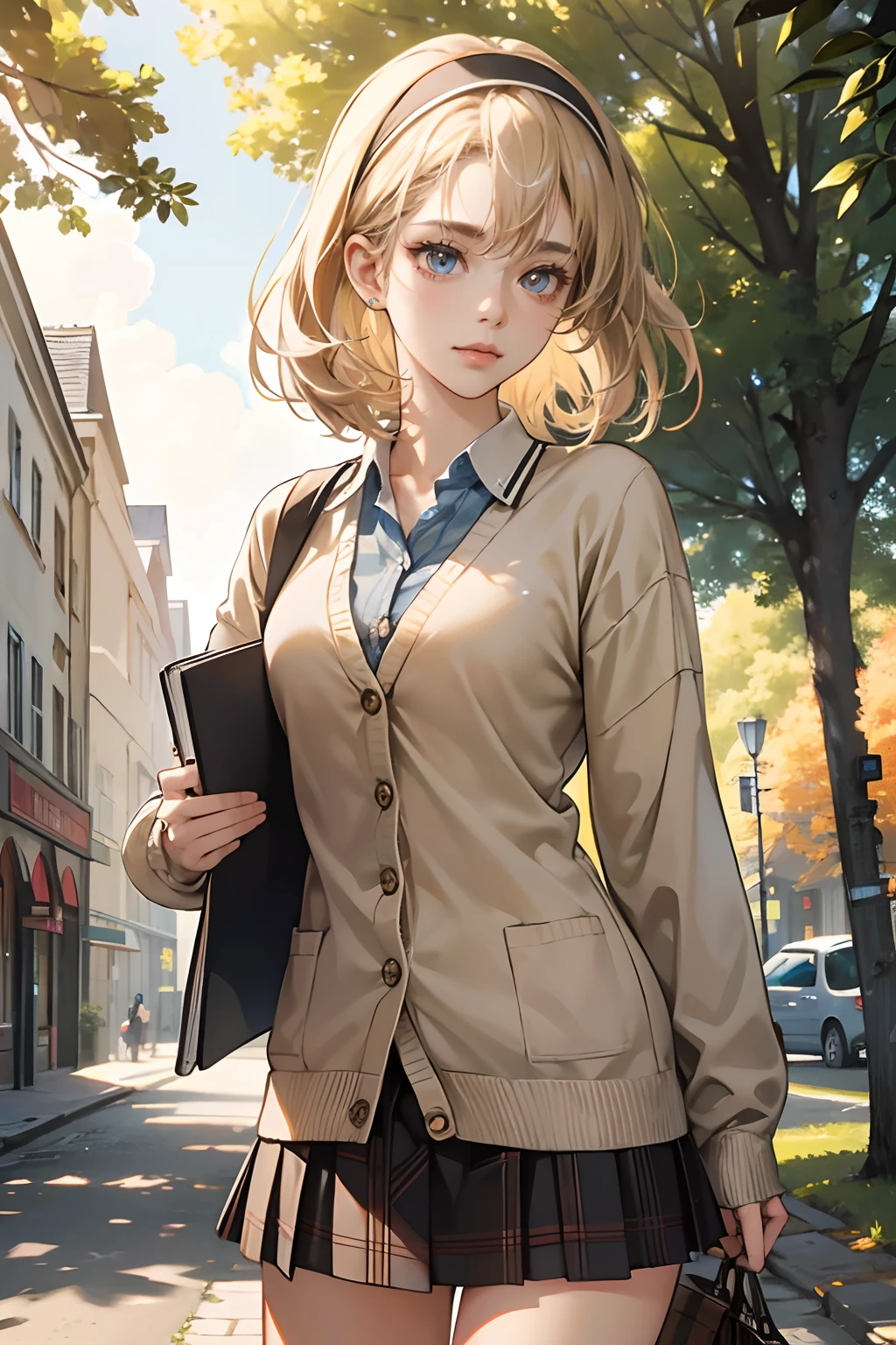 (tmasterpiece,high resolution，ultra - detailed:1.0),1 girl,(adult female), eyes looking to camera,Perfect female body, Delicate eyes and delicate face,Extremely detailed CG,Unity 8k wallpaper,Complicated details, solo person, Detailed face, (cardigan,plaid skirt,beige hair,hair band,Holding a book),university building,out door,Flowers and trees,college,color difference, Depth of field,dramatic shadow, Ray tracing, Best quality, Cinematic lighting, offcial art,