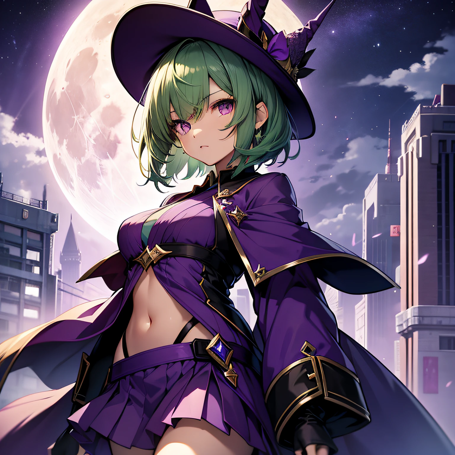 top-quality、extremely delicate and beautiful、(A  girl)、Purple Eye、Green hair、short-haired、(Purple pointy hat)、Purple tie、Soio、shortsleeves、Purple skirt、Purple Wizard Robe、Navel、is standing、Full moon night on background