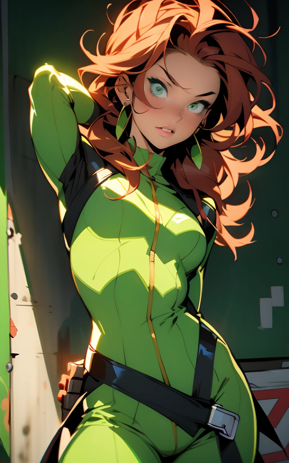 Reimagine the classic superhero Raphael from age mutant Ninja turtles as a female, fanart, green ninja turtles costume, anime style, High quality, masterpiece, cinematic, 8k, trending illustration, masterpiece illustration, sexy, wavy red hair, sexy body