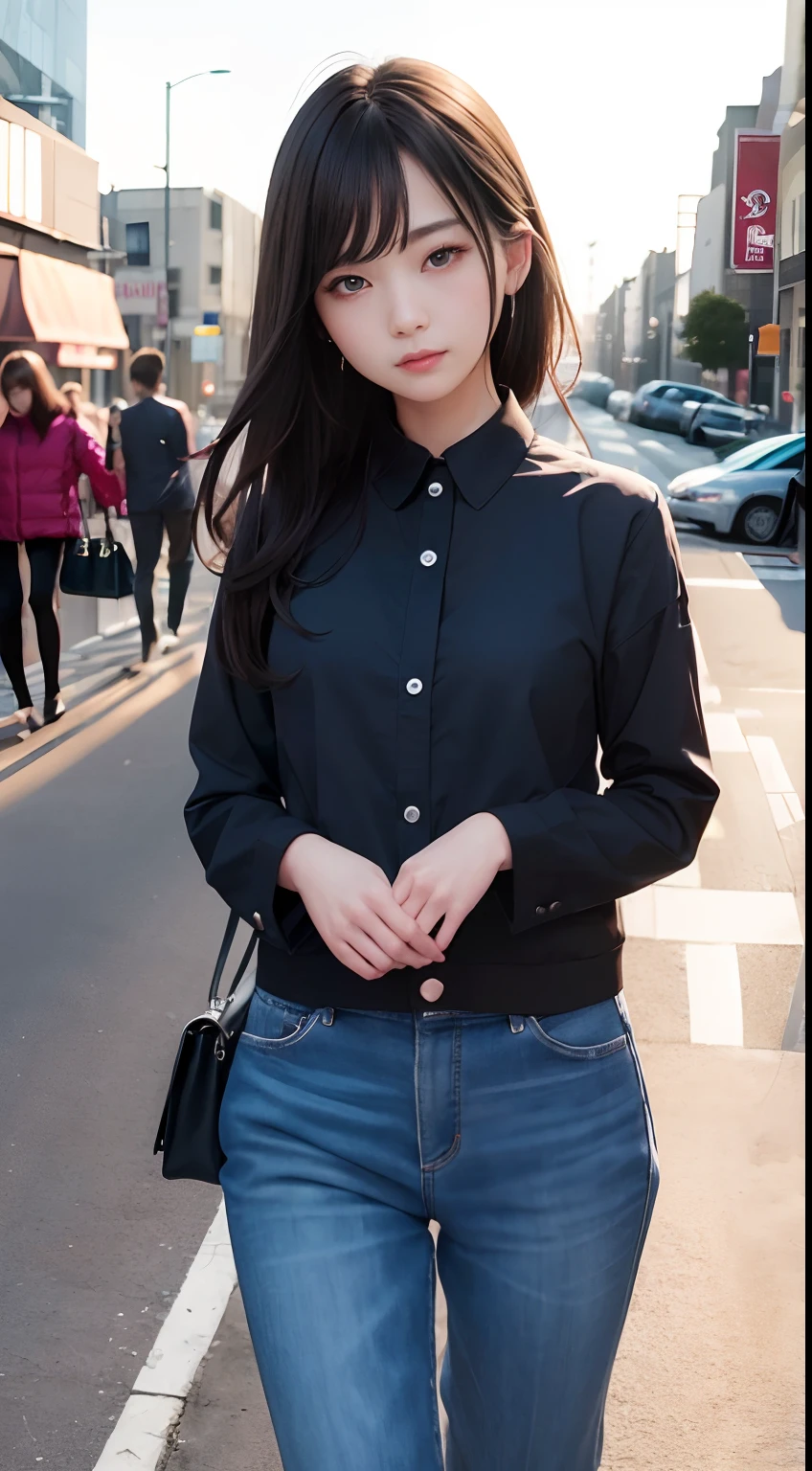 ((unparalleled masterpiece ever、best qualtiy、erfect artwork))、(realisitic, Photorealsitic:1.37)、1girl in、17 age、japanes、cute little、((Suit))、((full body seen))、(walking in the city)、long lashes、heavy eye makeup、Dark eyeshadow、Korean Makeup、Posing、action、Soft light、Cute smile、poneyTail、Dynamic Angle、very detailed and professional lighting、finely detail、ultra-detailliert、hight resolution、the Extremely Detailed CG Unity 8K Wallpapers、a beautiful detailed girl、extremely detailed eye and face、beatiful detailed eyes