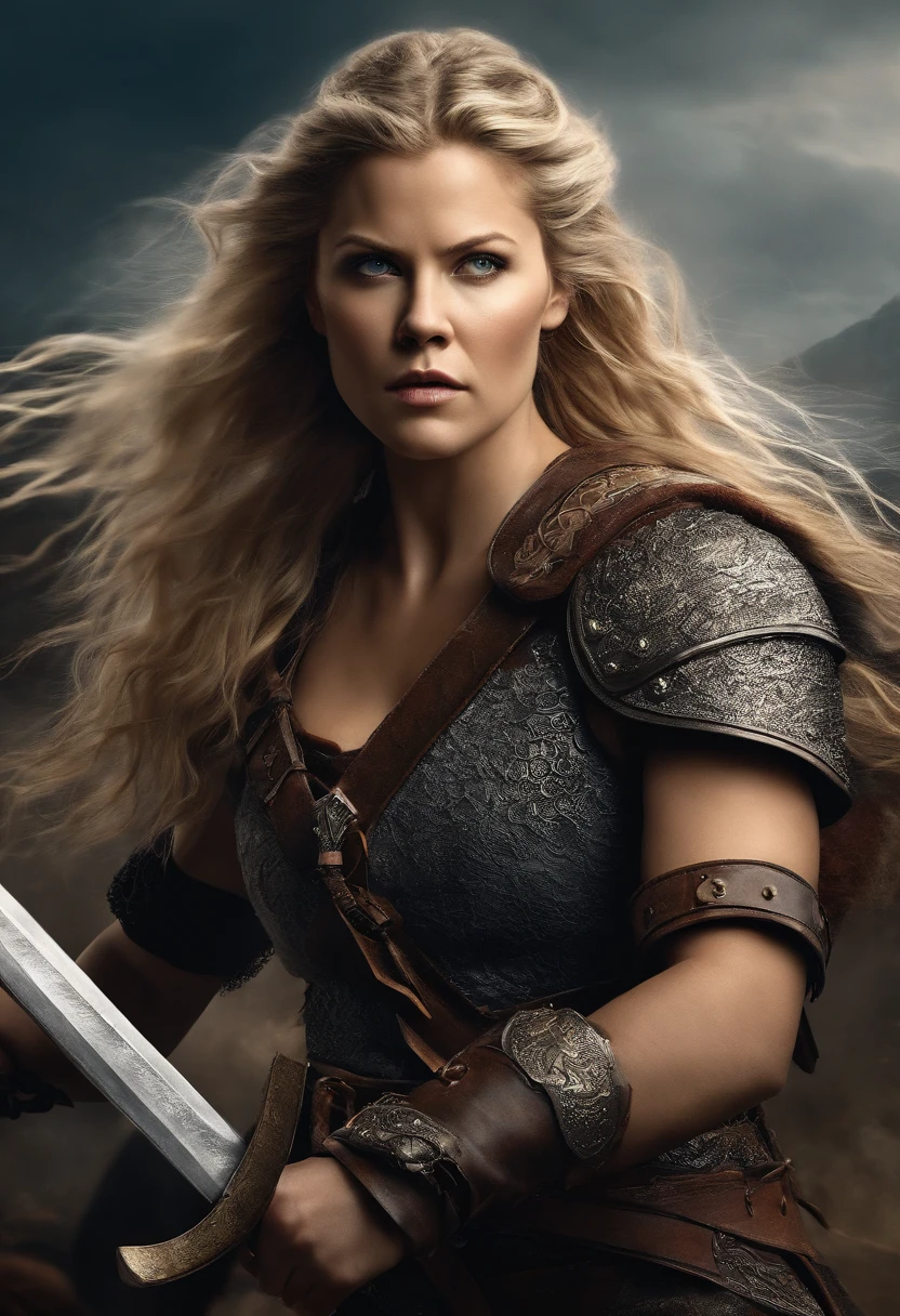 A stunning, photorealistic full body portrait Create an image depicting Lagertha in the midst of a fierce battle, showcasing her incredible prowess and fearlessness as a warrior. Arte do papel de parede, Papel de parede UHD