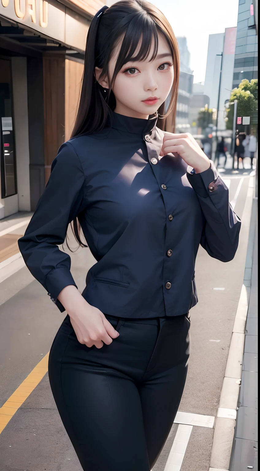 ((unparalleled masterpiece ever、best qualtiy、erfect artwork))、(realisitic, Photorealsitic:1.37)、1girl in、、japanes、cute little、((Suit))、((full body seen))、(walking in the city)、long lashes、heavy eye makeup、Dark eyeshadow、Korean Makeup、Posing、action、Soft light、Cute smile、poneyTail、Dynamic Angle、very detailed and professional lighting、finely detail、ultra-detailliert、hight resolution、the Extremely Detailed CG Unity 8K Wallpapers、a beautiful detailed girl、extremely detailed eye and face、beatiful detailed eyes