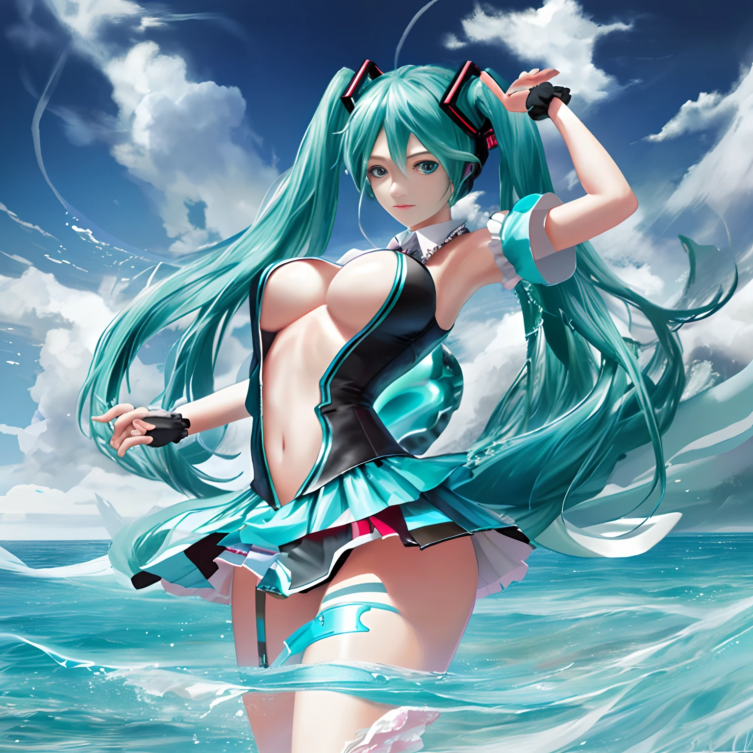(tmasterpiece、top-quality、8k wallpaper、A high resolution、realisticlying),Big breasts Hatsune Miku,Leakage throughout the body,Beautiful breast leakage,female genital