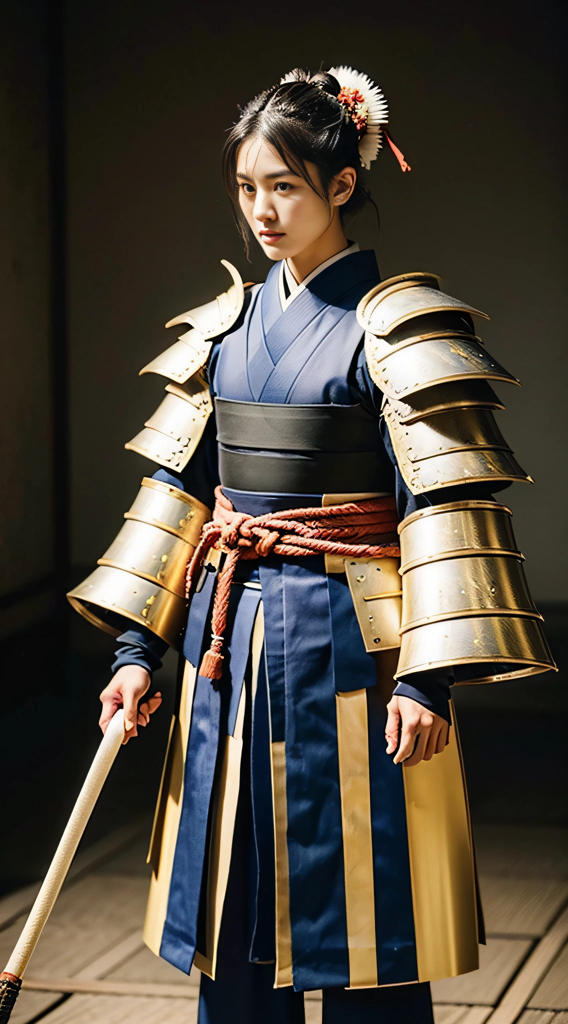 (((32k,high detal,high-detail、masterpiece,Attention to detail,full body Esbian,独奏,1man))),Raw photo & realistic atmosphere,beautiful dark blue eyes,Detailed mouth,Detailed eyebrows,Shine in every detail,Eyes drawn in detail、Very beautiful eyes with azure eyes,Detailed lips、Infinite reality, ,Brave samurai of the Sengoku period, Smooth body17 old beautiful girl,Samurai of the Sengoku period of Japan,the whole body is wet,dripped out,with a flushed face,Tremendously beautiful17-year Sengoku samurai beauty girl,(youthfulness,Sharp eyes,Serious beautiful look,Armor samurai of the Sengoku period,Sengoku armor,Armor of the Warring States Period,Black shiny hair,Chonmage,showing your whole body,Detailed crisp armor,Beautiful luxurious Sengoku armor,Armoured pockets,torso,small hand,Sandals,Shoulder to shoulder,Sengoku Warlord,Sengoku Daimyo,A beautiful girl who was strongly influenced by Ranmaru Mori,The image of the whole body shining,Beautiful girl pretending to be a boy:1.8)
