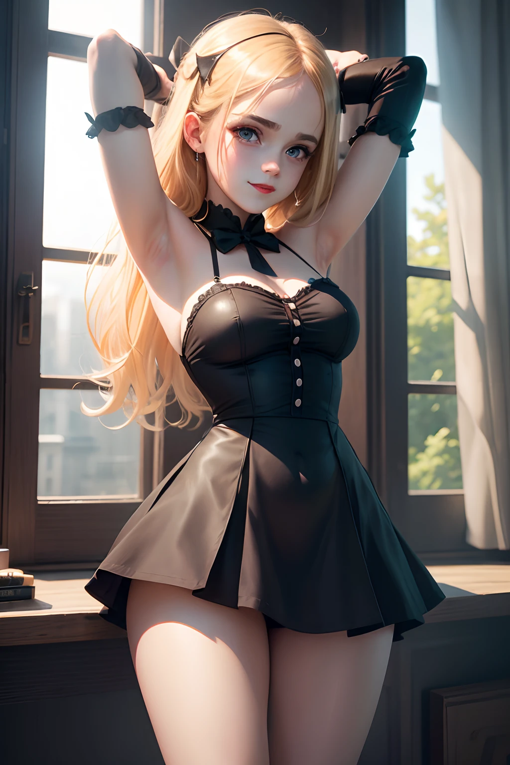 Obra maestra, best quality, Emma Watson, succubus_evil, armpits, two_wings, teenager, large_blond_tail_hair_ribbon, 1girl, blue_eyes, (li_girl), big_legs, large_socks_thighs, shorts_dress, big_hips, stand_up, smile_red_lips.