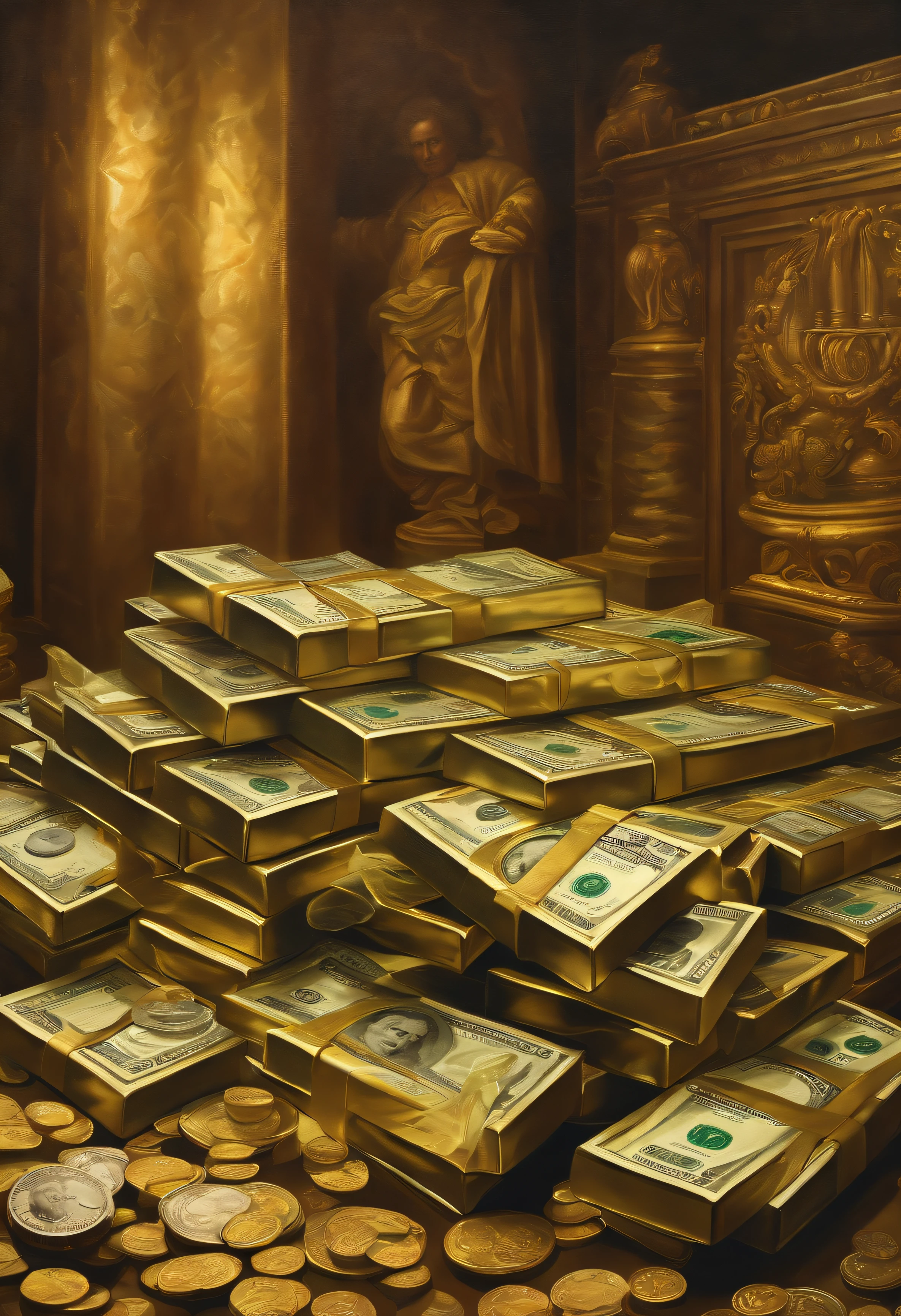 A detailed painting , Surrounded by a barrage of dollar bills and gold bars, gold coins