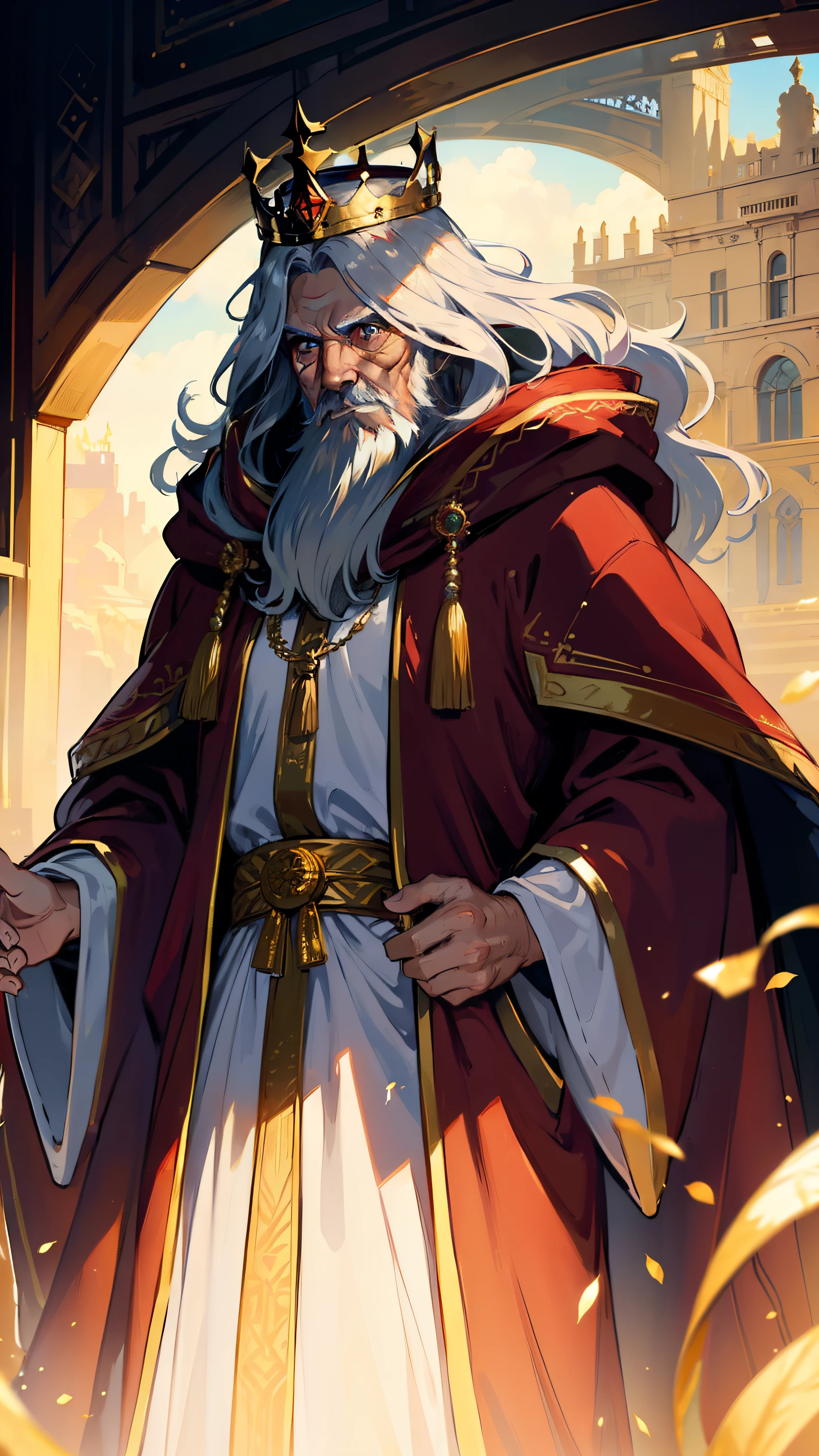 (((((male))))), masterpiece, ultra detailed, 8K Portrait, Raw photo, a portrait photo of, Highly detailed face, ((Fantasy)), (((old man))), (((king))), ((crown)), wears a lot of jewelry, white long wavy hair, strong beard, (((gold silk long cloak))) Fluttering in the wind, (((Crimson long robe))), by the throne, Midday Sun, Hyper realistic, Strong body, in a larger Audience room, Ambient lighting, Shadow details , Camera focus on face, strong breeze, Light fog