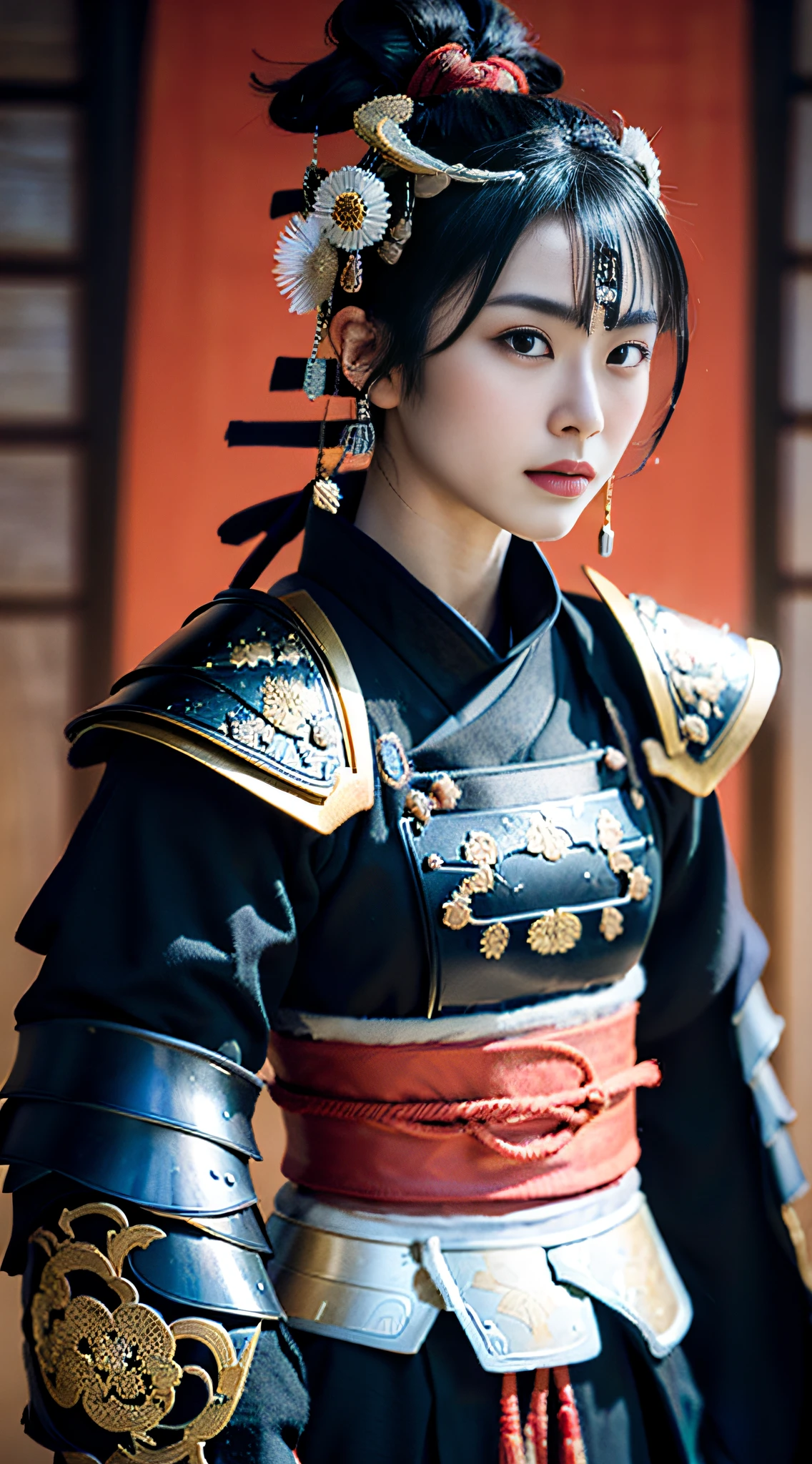 (((32ｋ,high detal,high-detail、​masterpiece,Attention to detail,full body Esbian,独奏,１man))),Raw photo & realistic atmosphere,beautiful dark blue eyes,Detailed mouth,Detailed eyebrows,Shine in every detail,Eyes drawn in detail、Very beautiful eyes with azure eyes,Detailed lips、Infinite reality, ,Brave samurai of the Sengoku period, Smooth body１7 year old beautiful girl,Samurai of the Sengoku period of Japan,the whole body is wet,Red water dripping,with a flushed face,Tremendously beautiful１7-year-old Sengoku samurai beauty girl,（youthfulness,Sharp eyes,Serious beautiful look,Armor samurai of the Sengoku period,Sengoku armor,Armor of the Warring States Period,Black shiny hair,Chonmage,showing your whole body,Detailed crisp armor,Beautiful luxurious Sengoku armor,Armoured pockets,torso,small hand,Sandals,Shoulder to shoulder,Sengoku Warlord,Sengoku Daimyo,A beautiful girl who was strongly influenced by Ranmaru Mori,The image of the whole body shining,Beautiful girl pretending to be a boy：1.8）