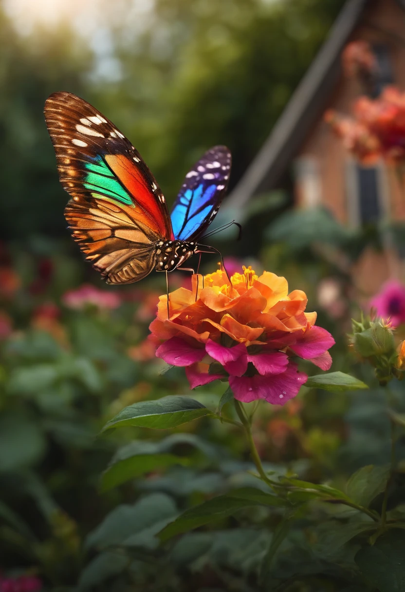 A rainbow butterfly flying in the garden in front of a house, Very detailed, 4k realista