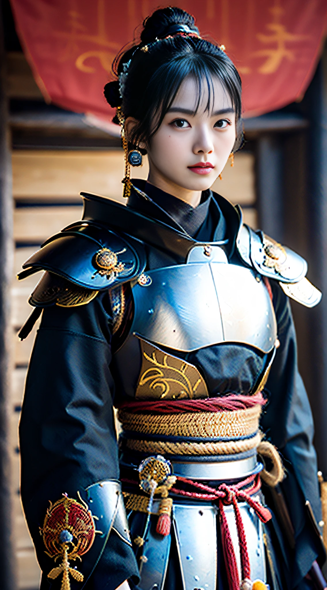 (((32ｋ,high detal,high-detail、​masterpiece,Attention to detail,full body Esbian,独奏,１man))),Raw photo & realistic atmosphere,beautiful dark blue eyes,Detailed mouth,Detailed eyebrows,Shine in every detail,Eyes drawn in detail、Very beautiful eyes with azure eyes,Detailed lips、Infinite reality, ,Brave samurai of the Sengoku period, Smooth body１7 year old beautiful girl,Samurai of the Sengoku period of Japan,the whole body is wet,Red water dripping,with a flushed face,Tremendously beautiful１7-year-old Sengoku samurai beauty girl,（youthfulness,Sharp eyes,Serious beautiful look,Armor samurai of the Sengoku period,Sengoku armor,Armor of the Warring States Period,Black shiny hair,Chonmage,showing your whole body,Detailed crisp armor,Beautiful luxurious Sengoku armor,Armoured pockets,torso,small hand,Sandals,Shoulder to shoulder,Sengoku Warlord,Sengoku Daimyo,A beautiful girl who was strongly influenced by Ranmaru Mori,The image of the whole body shining,Beautiful girl pretending to be a boy：1.8）
