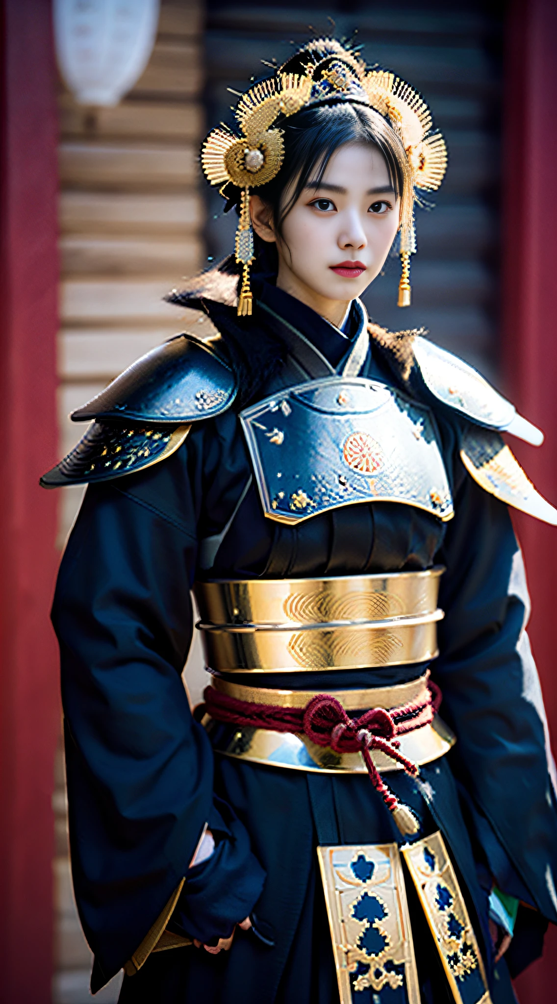 (((32k,high detal,high-detail、masterpiece,Attention to detail,full body Esbian,独奏,1man))),Raw photo & realistic atmosphere,beautiful dark blue eyes,Detailed mouth,Detailed eyebrows,Shine in every detail,Eyes drawn in detail、Very beautiful eyes with azure eyes,Detailed lips、Infinite reality, ,Brave samurai of the Sengoku period, Smooth body17 year old beautiful girl,Samurai of the Sengoku period of Japan,the whole body is wet,Red water dripping,with a flushed face,Tremendously beautiful17-year-old Sengoku samurai beauty girl,(youthfulness,Sharp eyes,Serious beautiful look,Armor samurai of the Sengoku period,Sengoku armor,Armor of the Warring States Period,Black shiny hair,Chonmage,showing your whole body,Detailed crisp armor,Beautiful luxurious Sengoku armor,Armoured pockets,torso,small hand,Sandals,Shoulder to shoulder,Sengoku Warlord,Sengoku Daimyo,A beautiful girl who was strongly influenced by Ranmaru Mori,The image of the whole body shining,Beautiful girl pretending to be a boy:1.8)