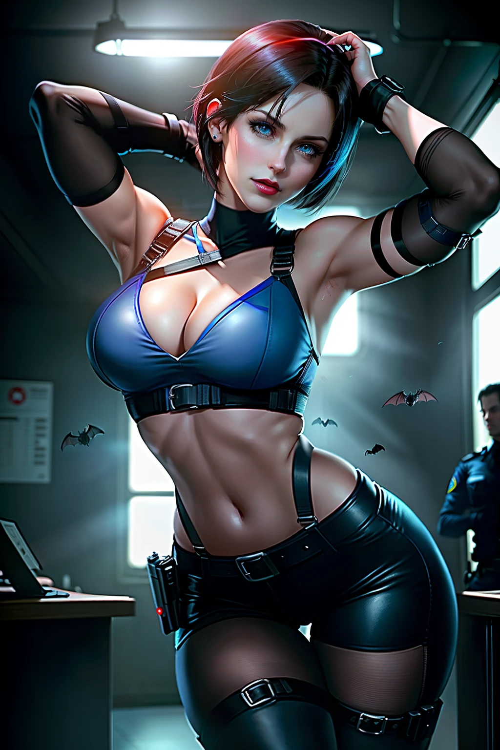 ((Jill valentine from resident evil series))(she has big glowing blue eyes)(bright red lips) (((short dark brown straight hair)))(dark eyeshadows make up)((big breasts)) (perfect slim body) ((wears blue strappless blouse and long black pants)) ((posing sexy inside police station)) (hold a handgun pistol on hand)(high definition, volumetric lights and dinamic shadows)((masterpiece))(8k)(perfect face)(ultra details) (perfect hands, eyes, and face) (bats flying around)