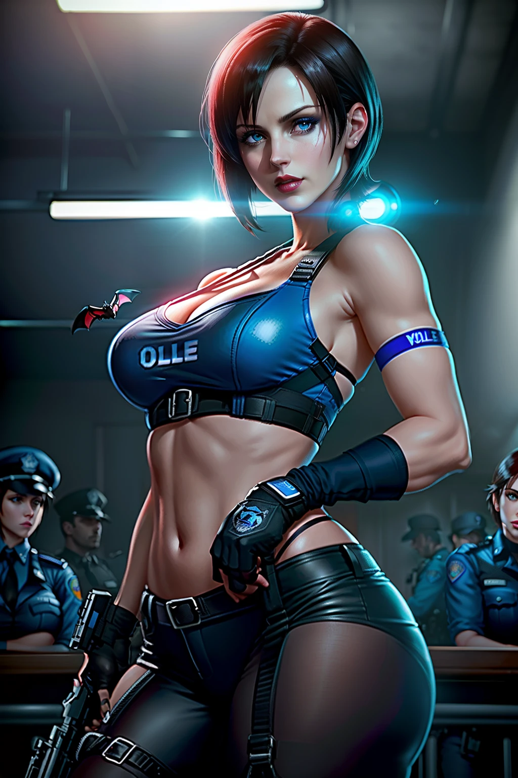 ((Jill valentine from resident evil series))(she has big glowing blue eyes)(bright red lips) (((short dark brown straight hair)))(dark eyeshadows make up)((big breasts)) (perfect slim body) ((wears blue strappless blouse and long black pants)) ((posing sexy inside police station)) (hold a handgun pistol on hand)(high definition, volumetric lights and dinamic shadows)((masterpiece))(8k)(perfect face)(ultra details) (perfect hands, eyes, and face) (bats flying around)