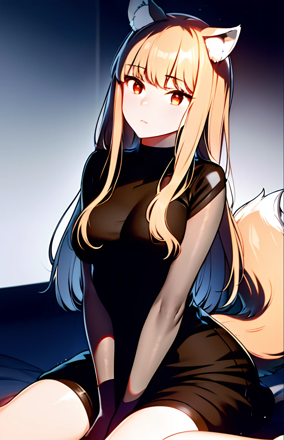 masterpiece, best quality,1girl, wolf ears, tail:0.6 delicate face, red eyes, (beautiful eyes:1.1), wolf girl, brown hair, long hair, black dress, lace, black thigh-highs, head tilt,  wallpaper, HDR,  illustration, high quality,high-definition, extremely detailed, subsurface scattering, light particles, natural light, shadow, contrast, texture, detail, realism, impressionistic, expressionistic, abstract, innovative, experimental, unique, warmth, coziness, intimacy, personal space, privacy, relaxation, ease, contentment, pleasure, self-expression, individuality, fashion, style, aesthetics, beauty,  imagination, artistry, composition, balance, harmony, rhythm, color, light, shadow, reflection, refraction, tone, contrast, foreground, middle ground, background, naturalistic, figurative, representational.