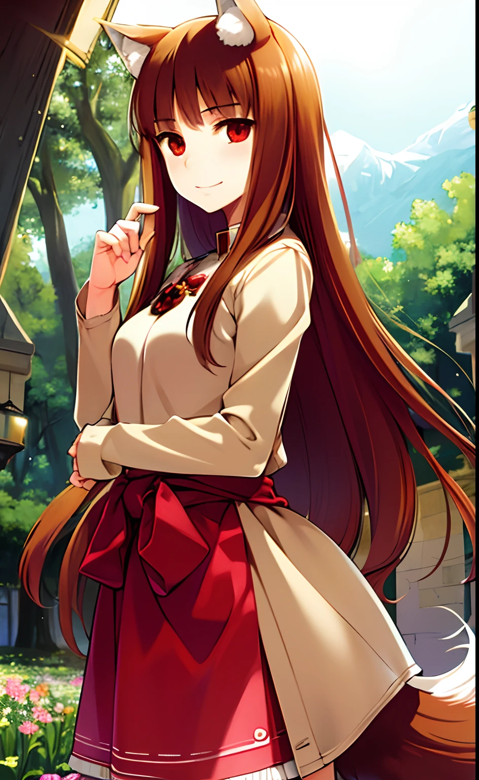 masterpiece,best quality, 1girl, solo, slight smile, slight smile, cherry, sunlight dapple, butterfly, grass animal ears,wolf ears,long hair, tail, wolf tail, red eyes, wolf girl,brown hair,