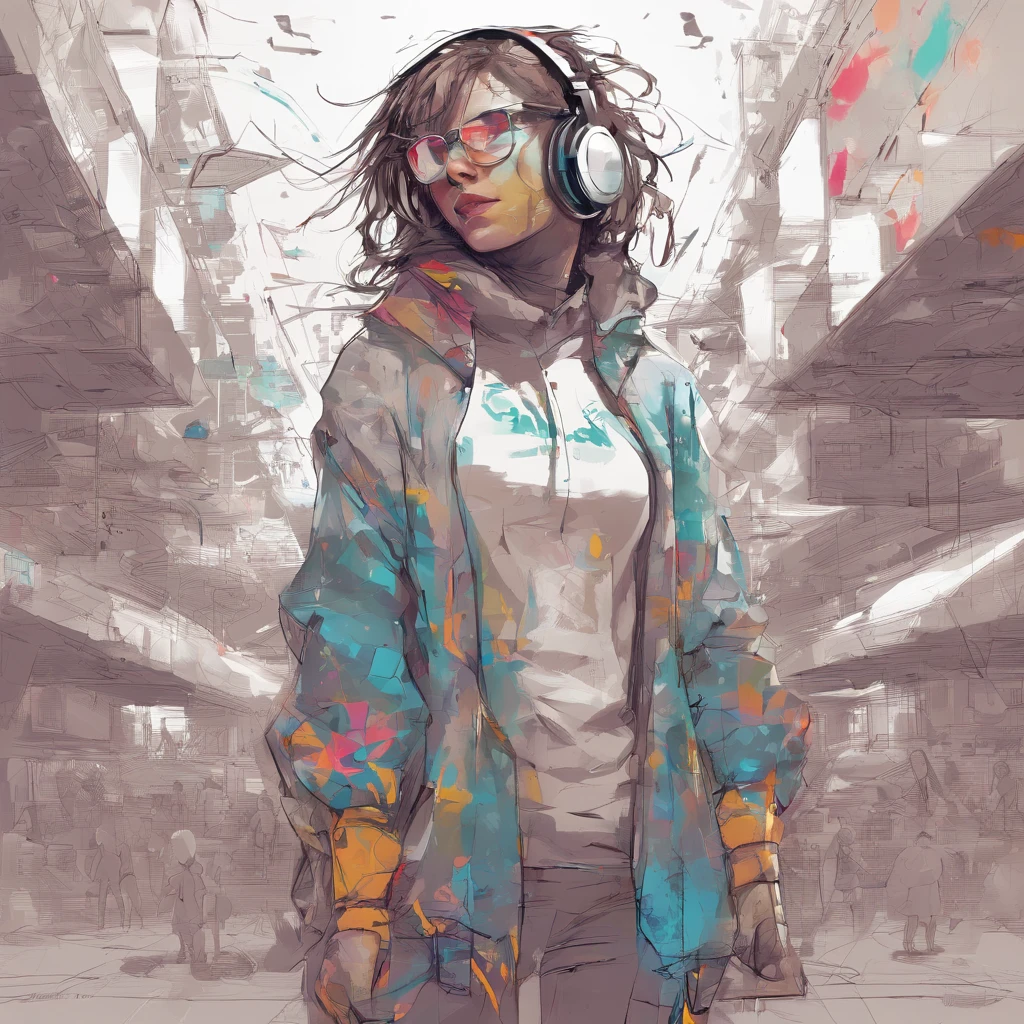 Perfect centralization, Uma menina fofa por toda parte, Use uma jaqueta de estudante, wearing sunglasses, Usando fones de ouvido, alegria, Standing position, beleza abstrata, Centrado, looking at the camera, Facing the camera, nearing perfection, Dynamic, fora, altamente detalhado, Pintura digital, art stations, conceito-arte, liso, foco nítido, 8k, high-definition resolution, illustration, arte de Carne Griffiths e Wadim Kashin, fundo branco