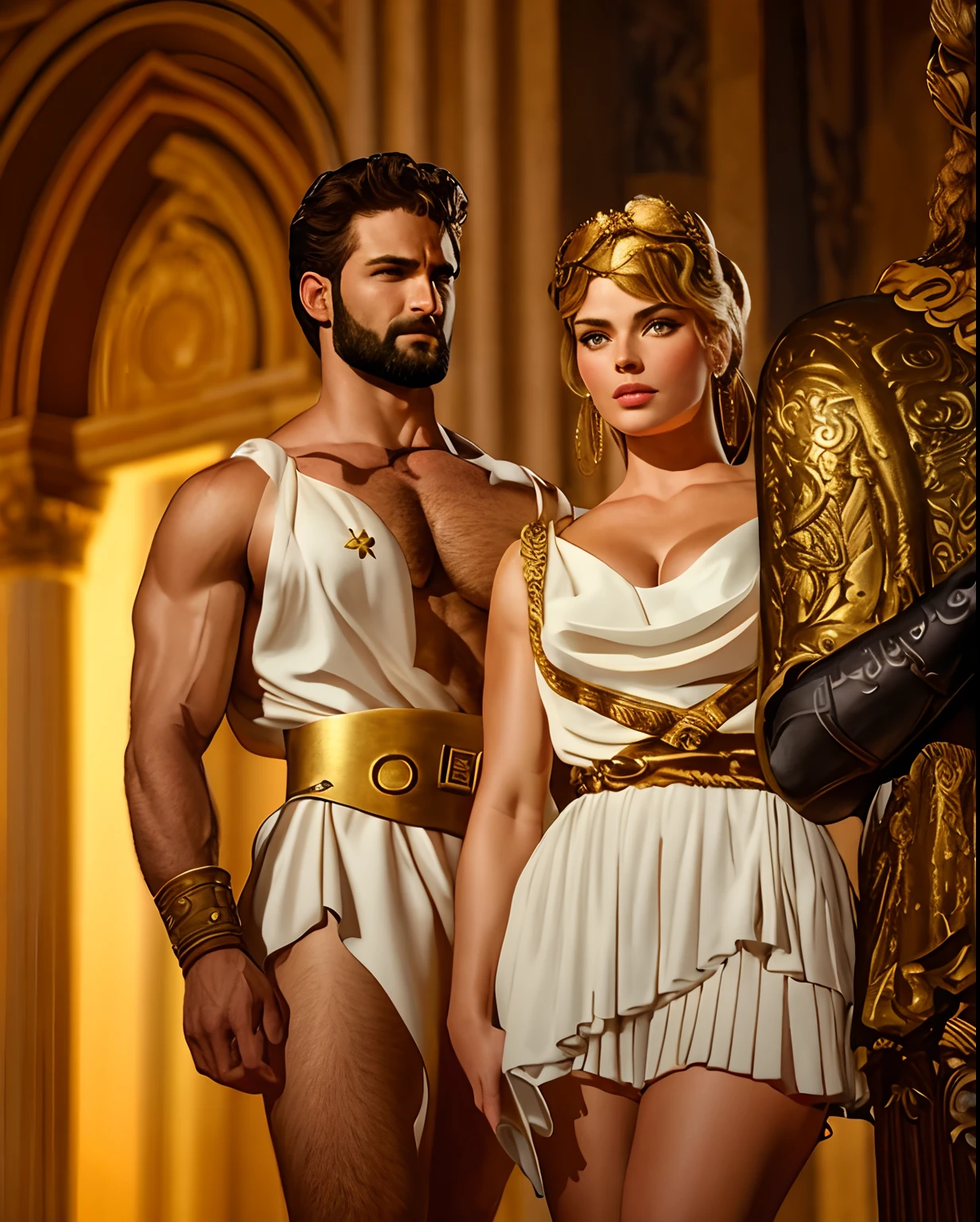 (couple cuddling) rough man Zeus muscles naked, beautiful, sexy, bare breast, cleavage, bare legs, see-through, standing, hanfu, wet, clear, realistic, supreme detail, Chinese mythology, dragon pattern, phoenix, sacred, holy, golden mountains, heavenly palace, countless palaces, clouds, golden light