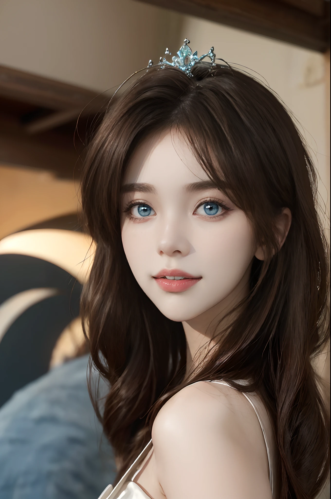 ((4K works))、​masterpiece、(top-quality)、1 beutiful girl、Slim body、tall、((Dresses Fashion))、(Detailed beautiful eyes)、Shot in the castle where the princess lives、((Face similar to Carly Rae Jepsen))、((Long boyish red hair))、((Smaller face))、((Neutral face))、((Bright blue eyes))、((American adult women))、((Adult female 26 years old))、((cool lady))、((Like a celebrity))、((Like a princess))、((Smiling expression))、((Korean Makeup))、((elongated and sharp eyes))、((boyish))、((A Princess))、((Photograph her from afar))、((Shot diagonally from the side))、Professional Photos、Princess Photos