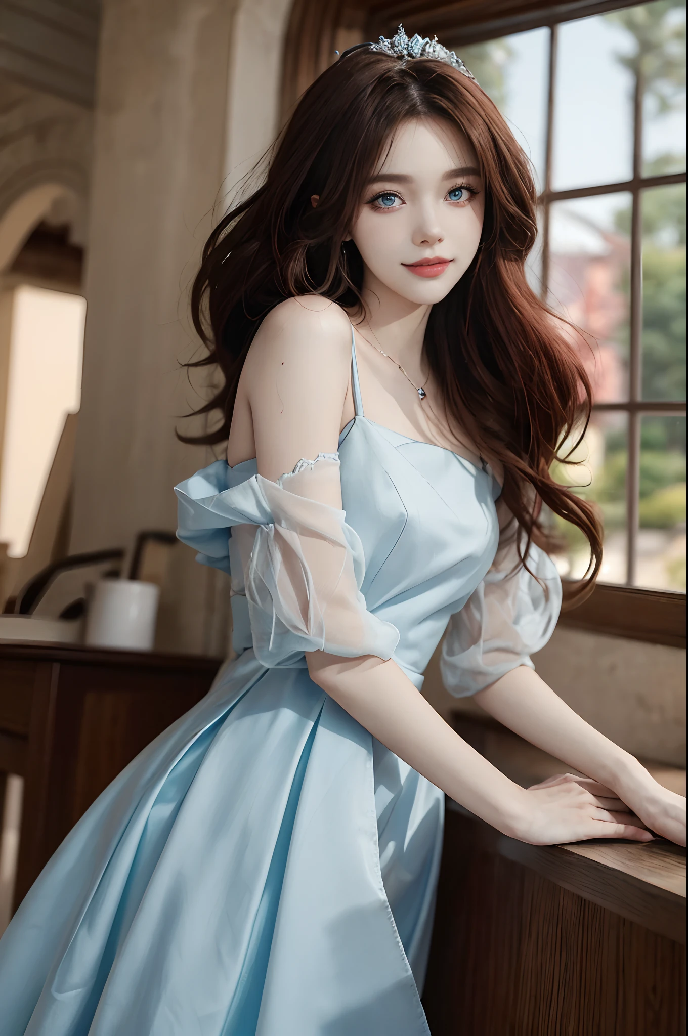 ((4K works))、​masterpiece、(top-quality)、1 beutiful girl、Slim body、tall、((Dresses Fashion))、(Detailed beautiful eyes)、Shot in the castle where the princess lives、((Face similar to Carly Rae Jepsen))、((Long boyish red hair))、((Smaller face))、((Neutral face))、((Bright blue eyes))、((American adult women))、((Adult female 26 years old))、((cool lady))、((Like a celebrity))、((Like a princess))、((Smiling expression))、((Korean Makeup))、((elongated and sharp eyes))、((boyish))、((A Princess))、((Photograph her from afar))、((Shot diagonally from the side))、Professional Photos、Princess Photos