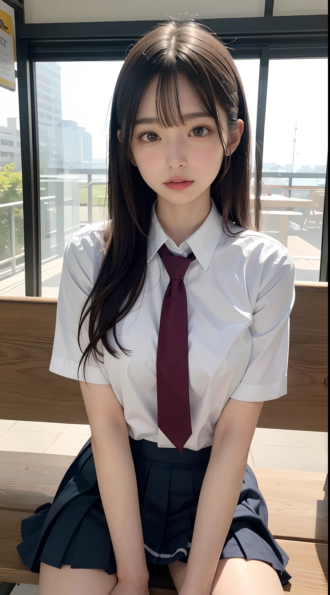 (masutepiece, Best Quality:1.2), 8K, , 85 mm, Official art, Raw photo, absurderes, White dress shirts, Pretty Face, close up, Upper body, violaceaess, gardeniass, Beautiful Girl,Cat costume,, Cinch West, thighs thighs thighs thighs, Short sleeve, Day Park, Sit on a bench seat, Looking at Viewer, No makeup, (Smile:0.4), Film grain, chromatic abberation, Sharp Focus, face lights, clear lighting, , Detailed face, Bokeh background, (dark red necktie:1.1)