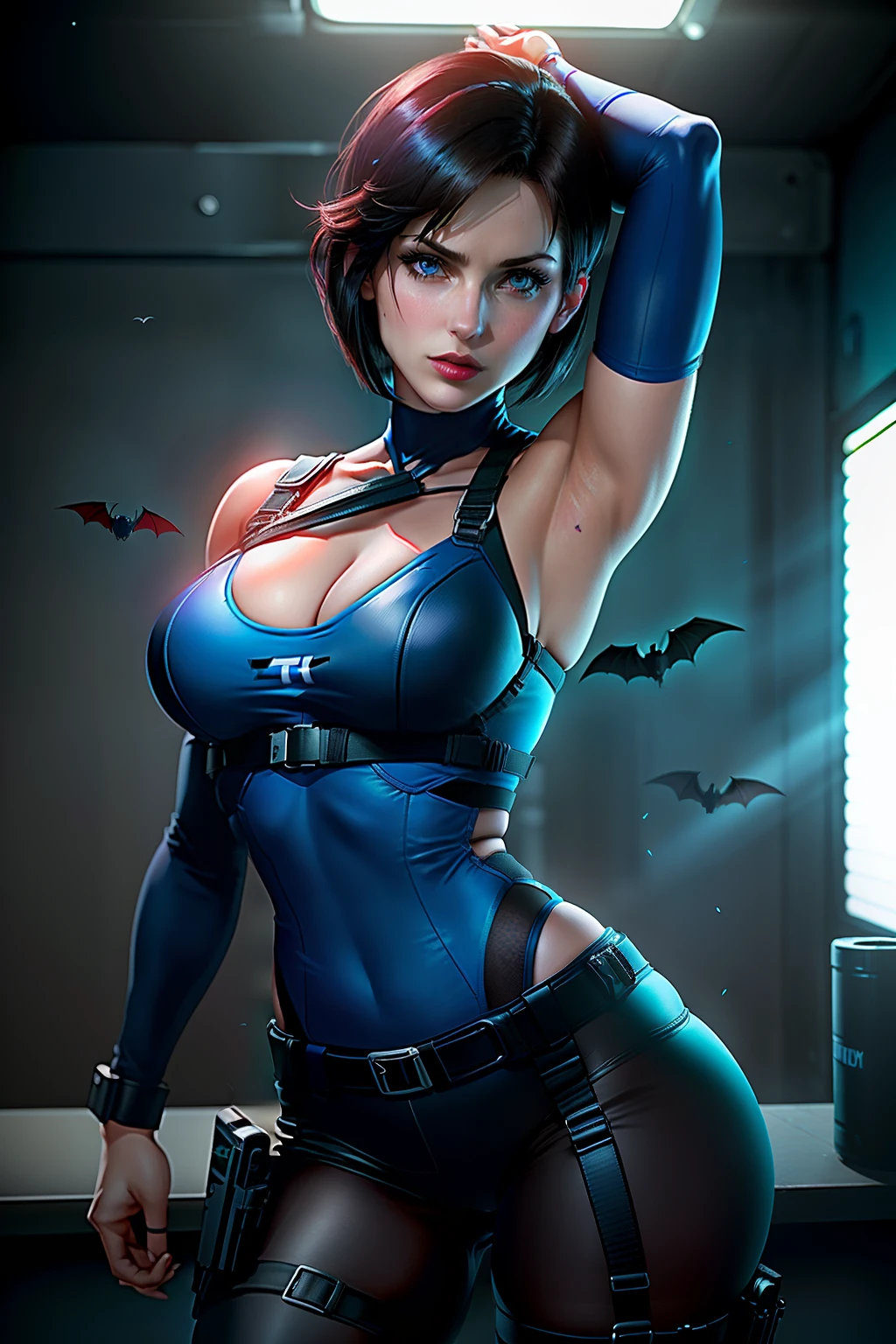 ((Jill valentine from resident evil series))(she has big glowing blue eyes)(bright red lips) (((short dark brown straight hair)))(dark eyeshadows make up)((big breasts)) (perfect slim body) ((wears blue strappless bodysuit and long black pants)) ((posing sexy inside police station)) (hold a handgun pistol on hand)(high definition, volumetric lights and dinamic shadows)((masterpiece))(8k)(perfect face)(ultra details) (perfect hands, eyes, and face) (bats flying around)