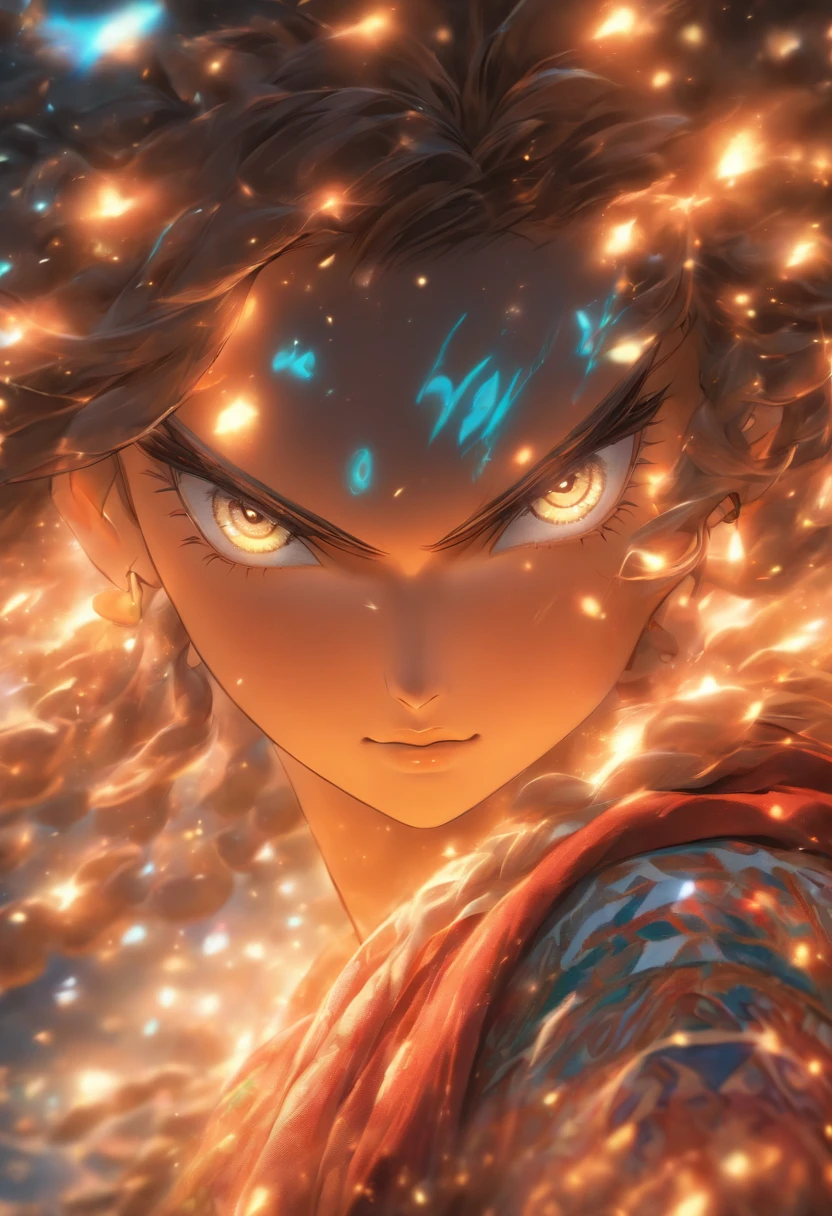 Divine Spirit, garota feroz, Representation of the sign of Leo, confident expression, cores vibrantes, detailed eyes and lips, mystic atmosphere, fundo celeste, Artistic illustration, alta qualidade (8K resolution:1.2), realism rendering, soft lighting.