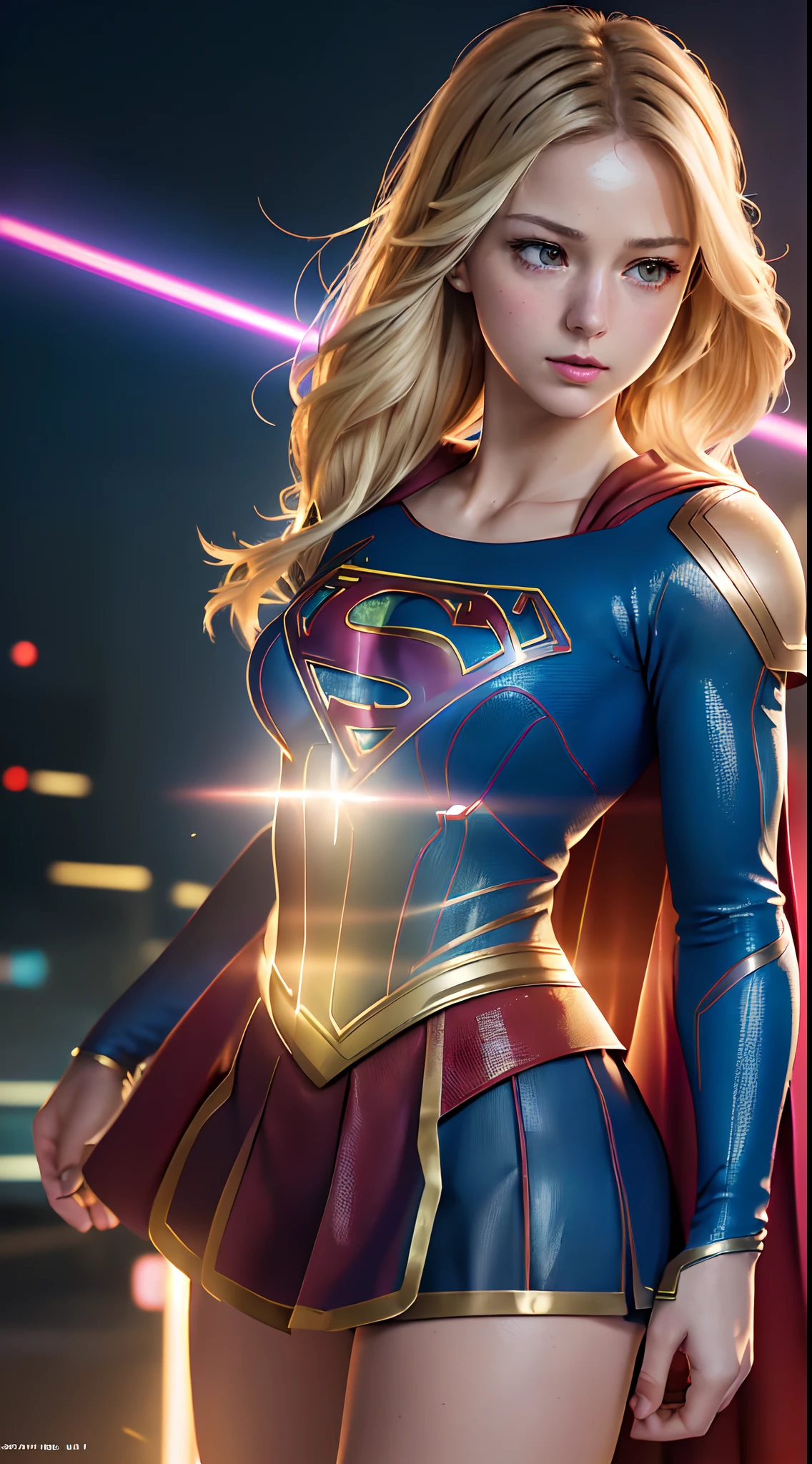 Photorealistic,Realistic illustration in Manga Style,((Masterpiece)),((Best quality)),((Ultra detailed)),((1girl)),((only)),((waifu:1.5)),Unreal Engine 5,Photon Mapping,Physically-based rendering, Perfect anatomy,Cute_face,Exceptionally Beauty Waifu Realistic Photo Of Young Exceptionally Beautiful Waifu Melissa Benoist as Supergirl,((Majic Energy Aura)),((Majic Mistery Aura Of Energy Around The Body)),in a Fantasy Street,Close Up Face,((Wearing Off-shoulder Supergirl Costume Futuristic Tech Neon Armored Dress)),((Mechanized Tech Neon Parts in Arms and Legs Visible:1.3)),((Mechanized Valkyrie Neon Futuristic Tech Full Armor Supergirl Suit:1.3)),((Light Blonde Hair:1.3)),((Glowing-Red-Eyes)),Wavy Hair,Eyeliner,Cute Makeup,((Perfect Detailed Eyes)),Cyberpunk City,rainy outside,night,Vivid Details,Maximum Details,Hyper Defined Details,((HDR,UHD,DSLR)),((Film Grain:1.3)),Fujifilm X-T4,((Extremely CG Unity 8K Wallpaper)),Intricate Detailing,Extremely Beautiful and Aesthetic,Octane Rendering,Full Body Portrait,Damp Skin,((Perfect Detailed Body)),melissabenoist-smf