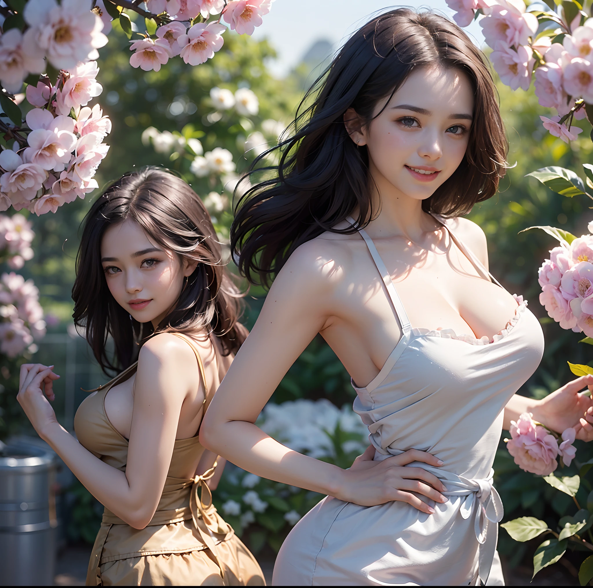 (top-quality)、 (masterpiece)、(Professional lighting with fewer shadows)、 (A hyper-realistic)、 (perfect anatomia)、 (In front of the camera、There are two women、Forward and backward、Crying Kuroko、That and bangs and forehead), ( Huge breasts:1.5), (Bright and even whitening skin without wrinkles and steps), (Beautiful blue eyes with long eyelashes and red tear bags)、 (Although the costume is naked、Wearing only a small apron with frills:1.5), (Two people are surrounded by flowers, Face the front in front of the camera、Proudly stick out your chest:1.5), (Another person on the other side、arcuatewith waist, Turn your back and expose your proud big ass:1.6), (One hand behind the head, A beautiful face is a beautiful smile with lowered eyebrows:1.3),