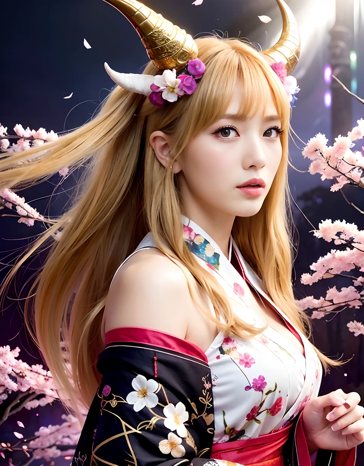 ((White ghost flies)),Professional , masterpiece、top-quality、photos realistic , depth of fields 、(Various poses)、(Background of cherry blossoms in full bloom),(Ultimate Beauty)、(A dark-haired)、(Fight ninjas)、Mystical expression、(Kimono with scary pattern)、(Night background)、((Devil's Wings Grow)),(Wear a kimono with a horror pattern),Armpit、(Wearing a beautiful kimono with colorful scary patterns)、Jewel Gold Weapon、Particles of light),(Has a devil's mask)、Gorgeous gold weapons ,Skeleton population、(( Gorgeous Dragon Sword)) , (a dark night),,(White ghost flies) 、((Black Haired Beautiful Girl))、(Castle background)、(demonic wings)、((Gangle's forest background))、Beautiful Caucasian beauty、1a person、dynamic ungle,(((Two devil's horns on the head)))、Smaller head、Idle Smile、Thin and beautiful female hands、Mystical expression、Light Effects、intense fighting、Wind-effect、magic circles、With the legendary magic wand、Dragon's tail、