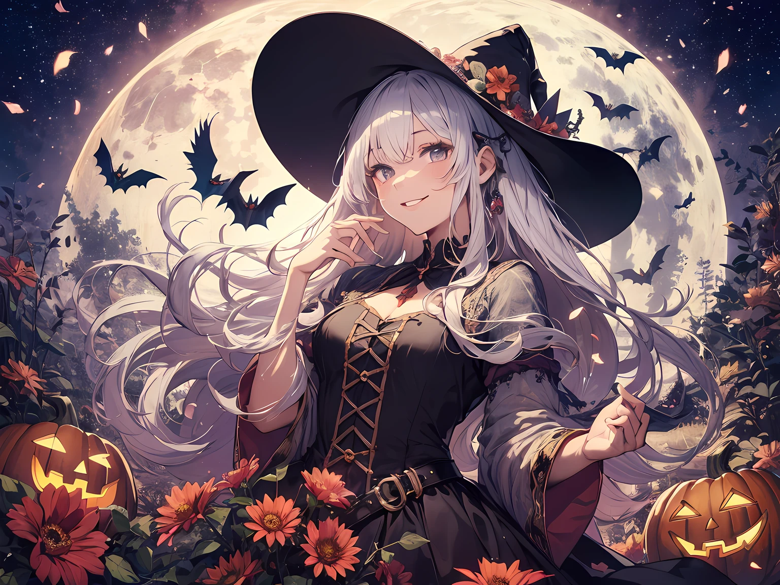 absurdres, highres, ultra detailed, (1girl:1.3) , Halloween witch, ((lovely smile)),wizard robes, wizard hat, Jack o'lantern, night, moon lighting,
BREAK, Halloween atmosphere,
 , kaleidoscopic imagery, symmetrical patterns, vibrant colors, geometric shapes, mesmerizing designs, optical illusions, dynamic composition
BREAK
, pantomime art, expressive body language, silent storytelling, evocative gestures, visual narratives, theatrical performances
BREAK
, blooming pumpkins, colorful petals, fragrant scents, nature's bounty, vibrant gardens, peaceful scenery