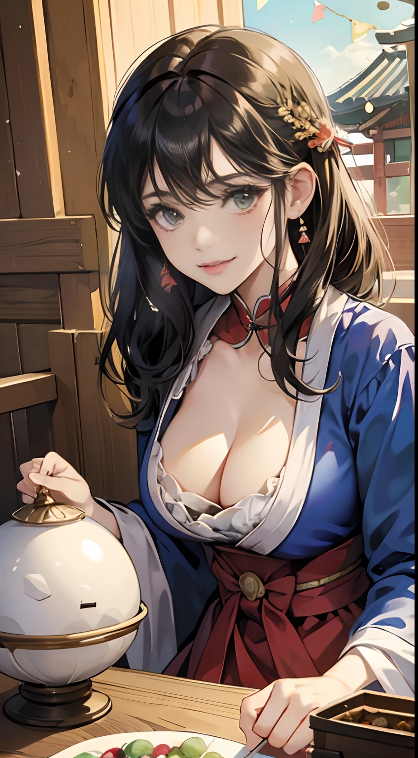 Kate Greenaway, Anne Anderson, Mabel Attwell, Japanese Anime, Surreal Mysterious Bizarre Fantastic Sci-Fi Fantasy, Festivals and Meals, Kagami Mochi and Zoni, Ikemitama, Setsubun, Otoso, Nanakusa, Kusamochi, Tanabata, Moon Viewing, Dango, Five Elements Thought, Mikoshi, Kagura, Beautiful girl, vibrant colors, masterpiece, sharp focus, best quality, depth of field, cinematic lighting, detailed, high resolution definition quality, Very large tits, dango in cleavage, inviting viewers to eat, close, sexy mischievous smiling looking directly at viewer