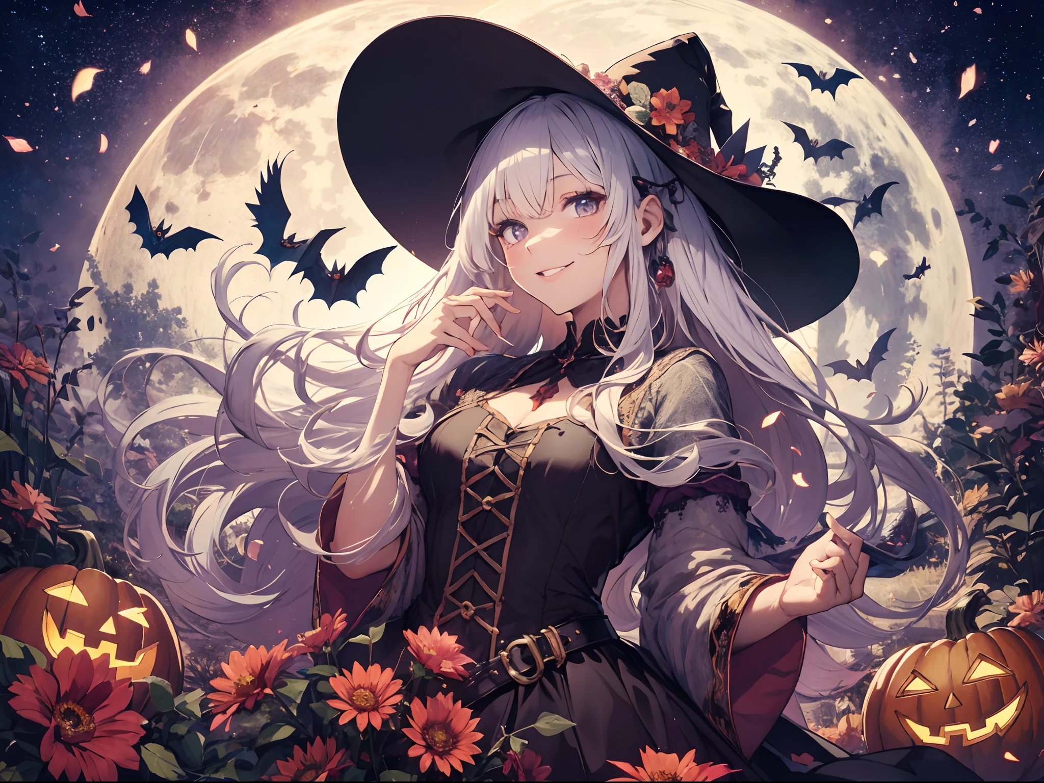 absurdres, highres, ultra detailed, (1girl:1.3) , Halloween witch, ((lovely smile)),wizard robes, wizard hat, Jack o'lantern, night, moon lighting,
BREAK, Halloween atmosphere,
 , kaleidoscopic imagery, symmetrical patterns, vibrant colors, geometric shapes, mesmerizing designs, optical illusions, dynamic composition
BREAK
, pantomime art, expressive body language, silent storytelling, evocative gestures, visual narratives, theatrical performances
BREAK
, blooming pumpkins, colorful petals, fragrant scents, nature's bounty, vibrant gardens, peaceful scenery