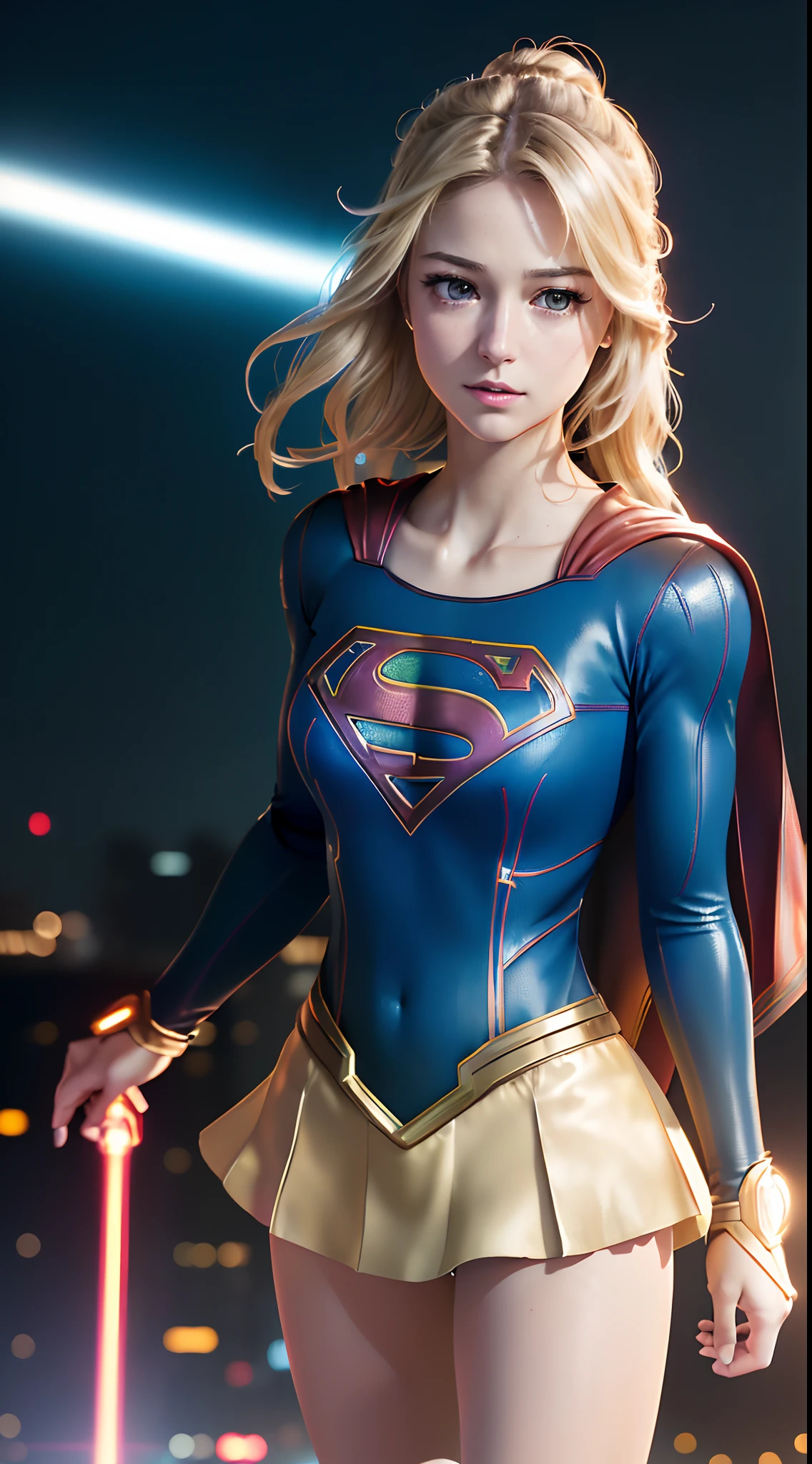 Photorealistic,Realistic illustration in Manga Style,((Masterpiece)),((Best quality)),((Ultra detailed)),((1girl)),((only)),((waifu:1.5)),Unreal Engine 5,Photon Mapping,Physically-based rendering, Perfect anatomy,Cute_face,Exceptionally Beauty Waifu Realistic Photo Of Young Exceptionally Beautiful Waifu Melissa Benoist as Supergirl,((Majic Energy Aura)),((Majic Mistery Aura Of Energy Around The Body)),in a Fantasy Street,Close Up Face,((Wearing Off-shoulder Supergirl Costume Futuristic Tech Neon Armored Dress)),((Mechanized Tech Neon Parts in Arms and Legs Visible:1.3)),((Mechanized Valkyrie Neon Futuristic Tech Full Armor Supergirl Suit:1.3)),((Light Blonde Hair:1.3)),((Glowing-Red-Eyes)),Wavy Hair,Eyeliner,Cute Makeup,((Perfect Detailed Eyes)),Cyberpunk City,rainy outside,night,Vivid Details,Maximum Details,Hyper Defined Details,((HDR,UHD,DSLR)),((Film Grain:1.3)),Fujifilm X-T4,((Extremely CG Unity 8K Wallpaper)),Intricate Detailing,Extremely Beautiful and Aesthetic,Octane Rendering,Full Body Portrait,Damp Skin,((Perfect Detailed Body)),melissabenoist-smf