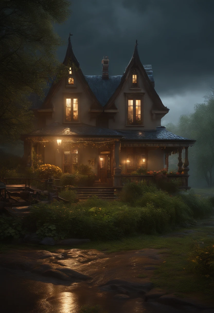 a house in the rain with the lights on, a detailed matte painting by Igor Zenin, shutterstock contest winner, magical realism, volumetric lighting, unreal engine 5, unreal engine