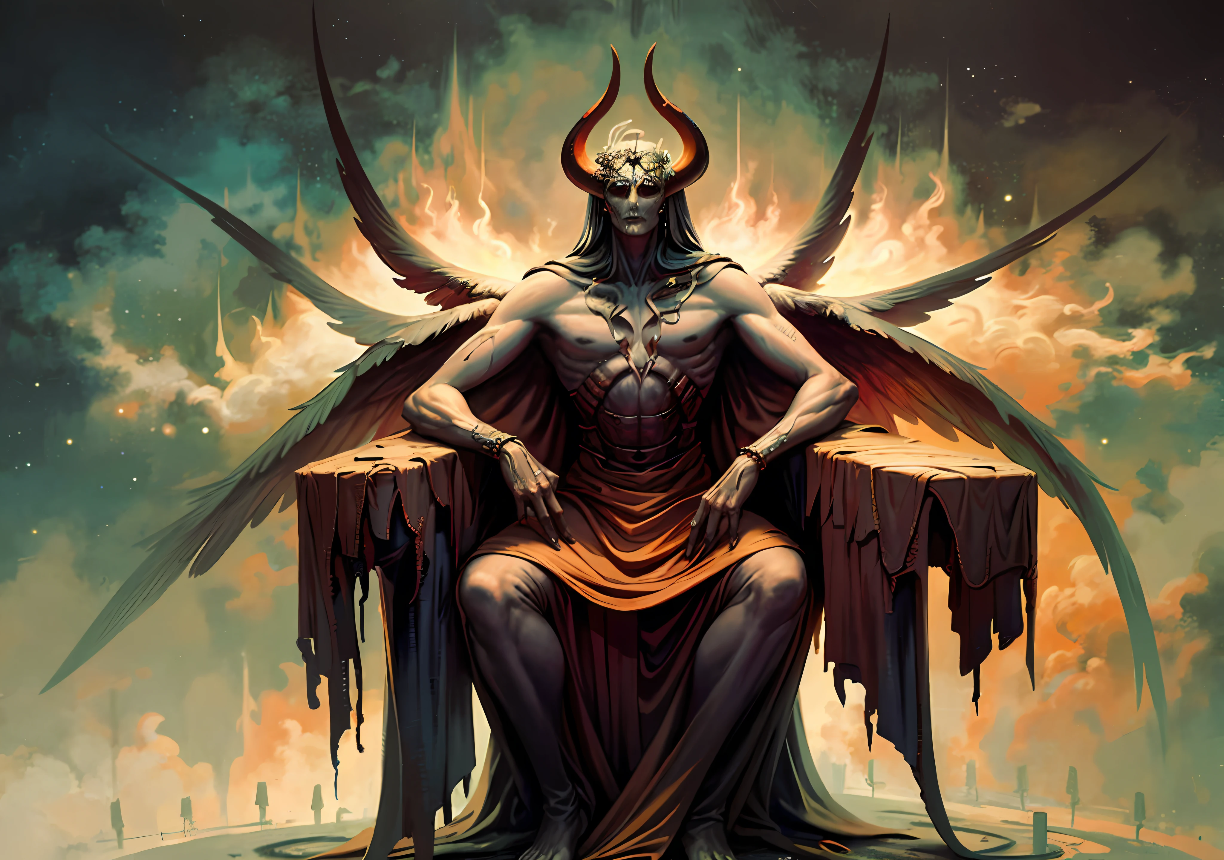 The oil painting depicts Satanásás, em uma cena sombria e misteriosa. Satan is sitting on a majestic throne made entirely of melted wax, skull-shaped. The room around you is immersed in a deep darkness, with no illumination other than the pale dim light of the moon, que mal penetra as sombras. Satan, represented with a bored and dejected expression, is visibly downcast. His body is carved in melted wax, com fagulhas de fogo, creating a fluid and unstable appearance. A cera escorre dele como se estivesse derretendo lentamente, solidifying its destroyed condition. Suas asas, outrora majestosas, Now they're just melted remnants, como fragmentos amorfos ao redor de seu corpo. Para completar a imagem, Satan wears the crown of hell on his head, symbolizing his fall and his tragic connection to fire. The melted candles of the crown cast a faint, quivering light, further highlighting his melancholic state. The painting captures the sense of desolation and hopelessness, representing Satan as a being trapped in his own tragic fate. The darkness of the room, The melted wax and undone wings reflect the catastrophe and the loss of his audacious ambition. Satan, once taking flight towards the sun, now he finds himself imprisoned in a throne of decay, condemned to the eternity of boredom and repentance.