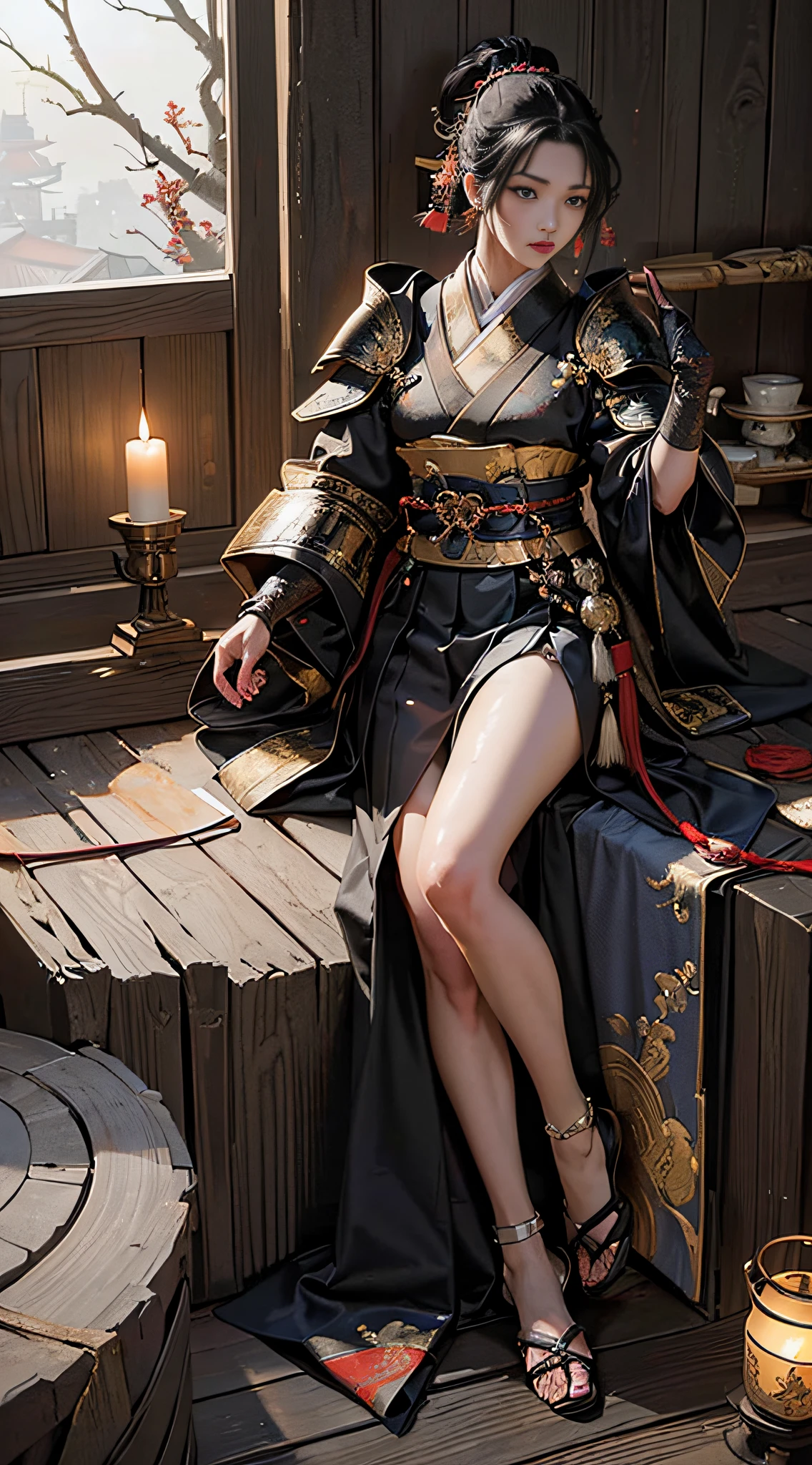 (((32ｋ,high detal,high-detail、​masterpiece,Attention to detail,full body Esbian,独奏,１teens girl))),Raw photo & realistic atmosphere,beautiful dark blue eyes,Detailed mouth,Detailed eyebrows,Shine in every detail,Eyes drawn in detail、Very beautiful eyes with azure eyes,Detailed lips、Infinite reality, ,Brave samurai of the Sengoku period, Smooth body１7 year old beautiful girl,Samurai of the Sengoku period of Japan,the whole body is wet,Red water dripping,with a flushed face,Tremendously beautiful１7-year-old Sengoku samurai beauty girl,（youthfulness,Sharp eyes,Serious beautiful look,Armor samurai of the Sengoku period,Sengoku armor,Armor of the Warring States Period,Black shiny hair,Chonmage,showing your whole body,Detailed crisp armor,Beautiful luxurious Sengoku armor,Armoured pockets,torso,small hand,Sandals,Shoulder to shoulder,Sengoku Warlord,Sengoku Daimyo,A beautiful girl who was strongly influenced by Ranmaru Mori,The image of the whole body shining,Beautiful girl pretending to be a boy：1.8）