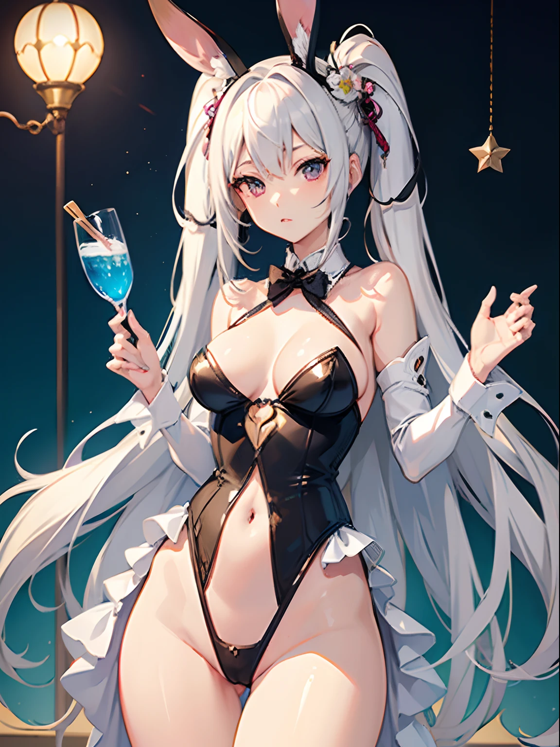 ((Best Quality)), (ultra-detailliert), ((Extremely detailed)), (Beautiful), ((Kawaii Girl)),(two side up hair)、((masutepiece)),Platinum Blonde Hair,Long hair, hair between eye, Wavy Hair, Long sideburns,Jade-colored eyes, White skin,Colossal tits、Rabbit ears,Slender body,playboy_bunny,Standing,Look Camera,One Woman,Anime