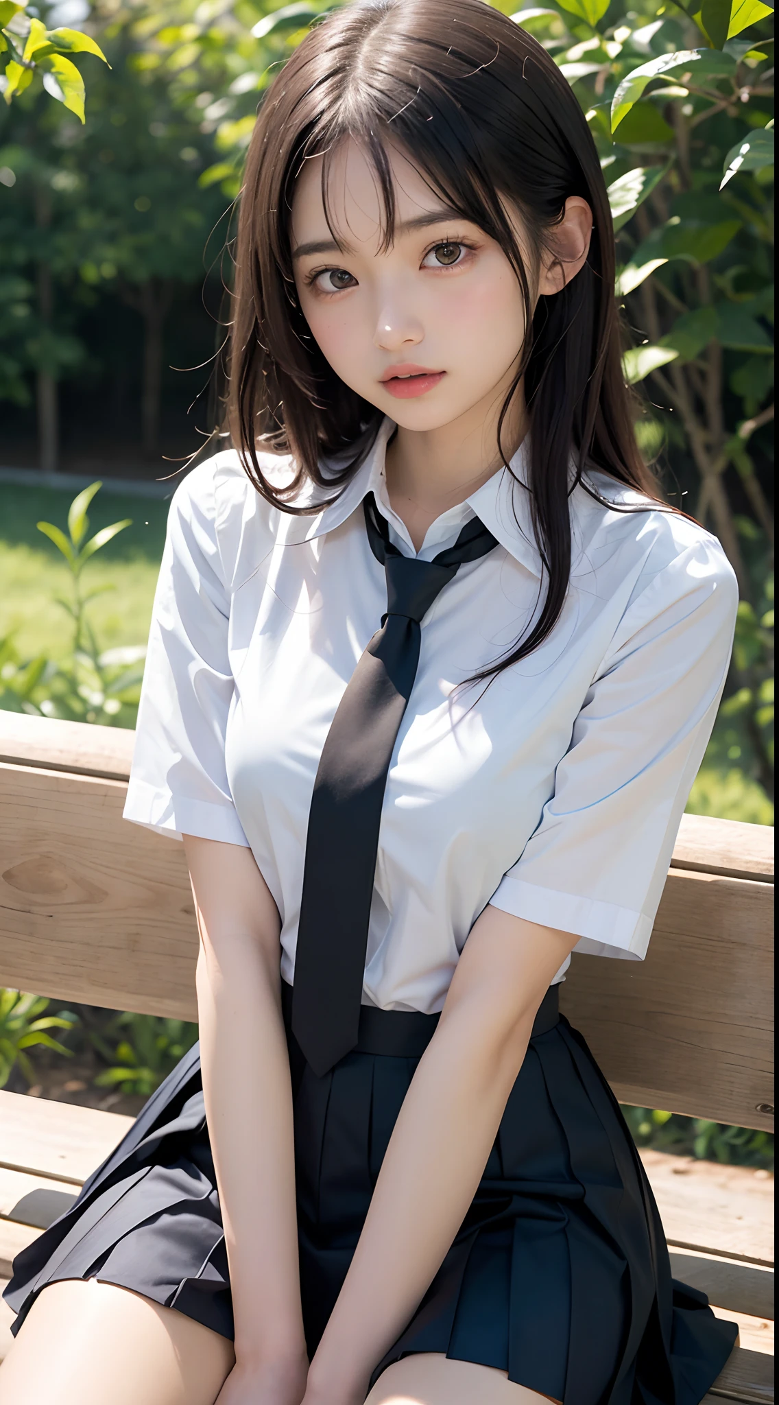 (Masterpiece, Best quality:1.2), 8K, ar old, 85mm, offcial art, RAW photo, absurderes, White dress shirt, Pretty face, Close up, Upper body, violaceaess, gardeniass, Beautiful girl, school uniform, (Navy pleated skirt:1.1), constricted waist, Thighs, short- sleeved, on train, Sit on a bench seat, view the viewer, No makeup, (Smile:0.4), filmgrain, color difference, Sharp focus, facelight, clear lighting, Teenage uncensored, Detailed face, Bokeh background, (dark red necktie:1.1)