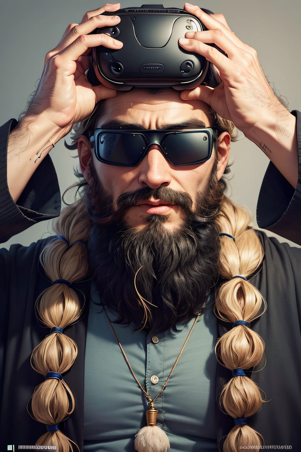 crie um homem com barba e cabelo brancos, With virtual reality glasses this man is a great sage, mathematician creator of geometry, ele tem um olhar de curiosidade, Freemason, ortodoxo,