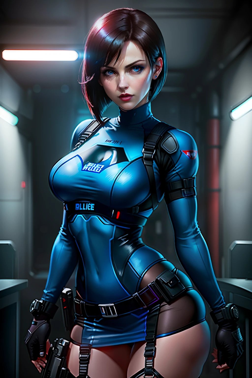 ((Jill valentine from resident evil series))(she has big glowing blue eyes)(bright red lips) (((short dark brown straight hair)))(dark eyeshadows make up)((big breasts)) (perfect slim body) ((wears blue strappless bodysuit and mini skirt black)) ((posing sexy inside police station)) (hold pistol on hand)(high definition, volumetric lights and dinamic shadows)((masterpiece))(8k)(perfect face)(ultra details) (perfect hands, eyes, and face) (bats flying around)