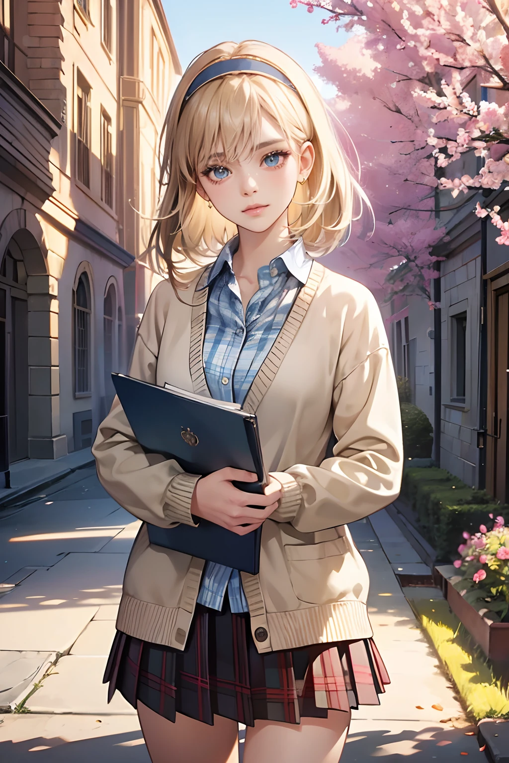 (tmasterpiece,high resolution,ultra - detailed:1.0),1 girl,(adult female), eyes looking to camera,Perfect female body, Delicate eyes and delicate face,Extremely detailed CG,Unity 8k wallpaper,Complicated details, solo person, Detailed face, (cardigan,plaid skirt,beige hair,hair band,Holding book),university building,out door,Flowers and trees,college,color difference, Depth of field,dramatic shadow, Ray tracing, Best quality, Cinematic lighting, offcial art,
