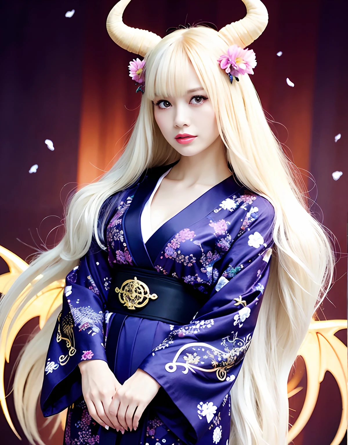 ((White ghost flies)),Professional , ​masterpiece、top-quality、photos realistic , depth of fields 、（Various poses）、(Background of cherry blossoms in full bloom),（Ultimate Beauty）、（A dark-haired）、（Fight ninjas)、Mystical expression、（Kimono with scary pattern）、（Night background）、（（Devil's Wings Grow））,(Wear a kimono with a horror pattern),Armpit、（Wearing a beautiful kimono with colorful scary patterns）、Jewel Gold Weapon、Particles of light),（Has a devil's mask）、Gorgeous gold weapons ,Skeleton population、（（ Gorgeous Dragon Sword）） , （a dark night）,,（White ghost flies） 、（（Black Haired Beautiful Girl））、（Castle background）、（demonic wings）、（（Gangle's forest background））、Beautiful Caucasian beauty、１a person、dynamic ungle,(((Two devil's horns on the head)))、Smaller head、Idle Smile、Thin and beautiful female hands、Mystical expression、Light Effects、intense fighting、Wind-effect、magic circles、With the legendary magic wand、Dragon's tail、