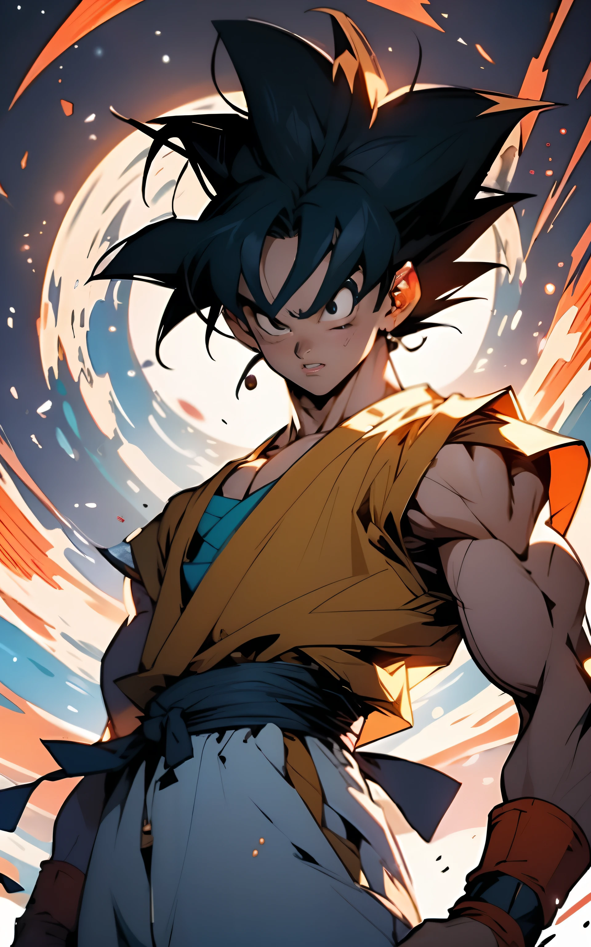 Reimagine Goku from dragon ball z as a 23 years old female, redesigned clothes, masterpiece, cinematic, illustration trending illustration, high-quality