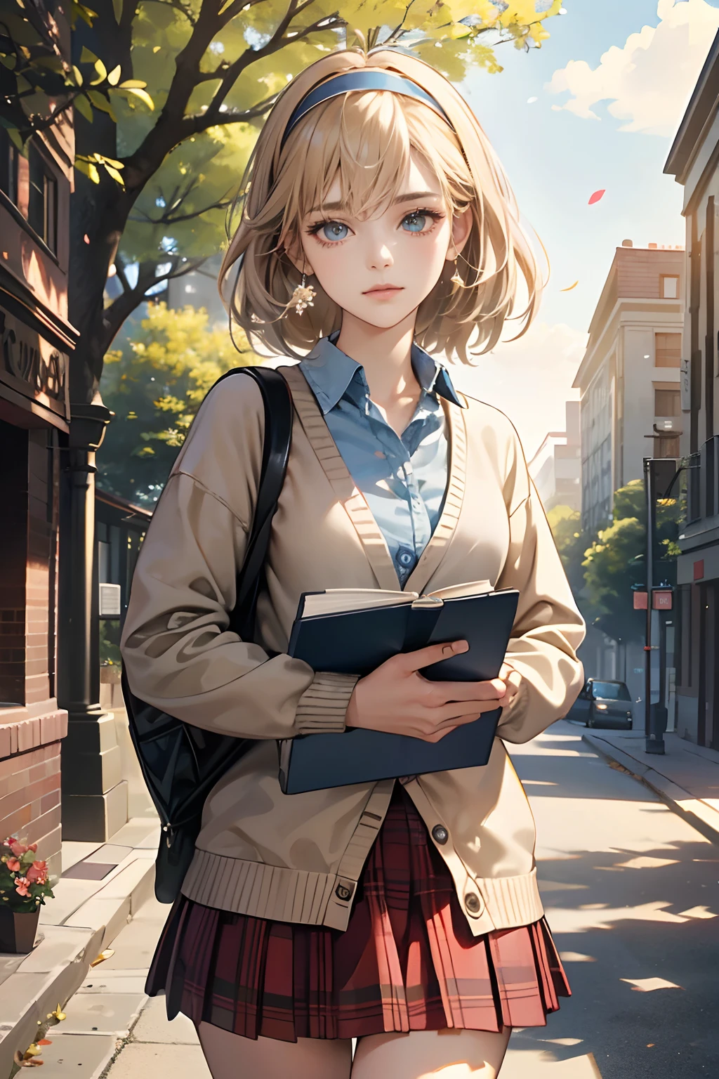 (tmasterpiece,high resolution，ultra - detailed:1.0),1 girl,(adult female), eyes looking to camera,Perfect female body, Delicate eyes and delicate face,Extremely detailed CG,Unity 8k wallpaper,Complicated details, solo person, Detailed face, (cardigan,plaid skirt,beige hair,hair band,Holding book),university building,out door,Flowers and trees,college,color difference, Depth of field,dramatic shadow, Ray tracing, Best quality, Cinematic lighting, offcial art,