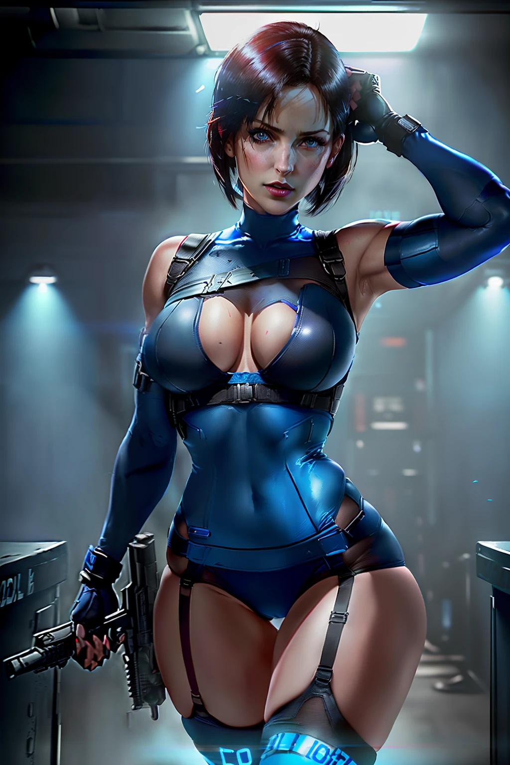 ((Jill valentine from resident evil series))(she has big glowing blue eyes)(bright red lips) (((short dark brown straight hair)))(dark eyeshadows make up)((big breasts)) (perfect slim body) ((wears blue strappless bodysuit outfit)) ((posing sexy inside police station)) (hold pistol on hand)(high definition, volumetric lights and dinamic shadows)((masterpiece))(8k)(perfect face)(ultra details) (perfect hands, eyes, and face) (bats flying around)