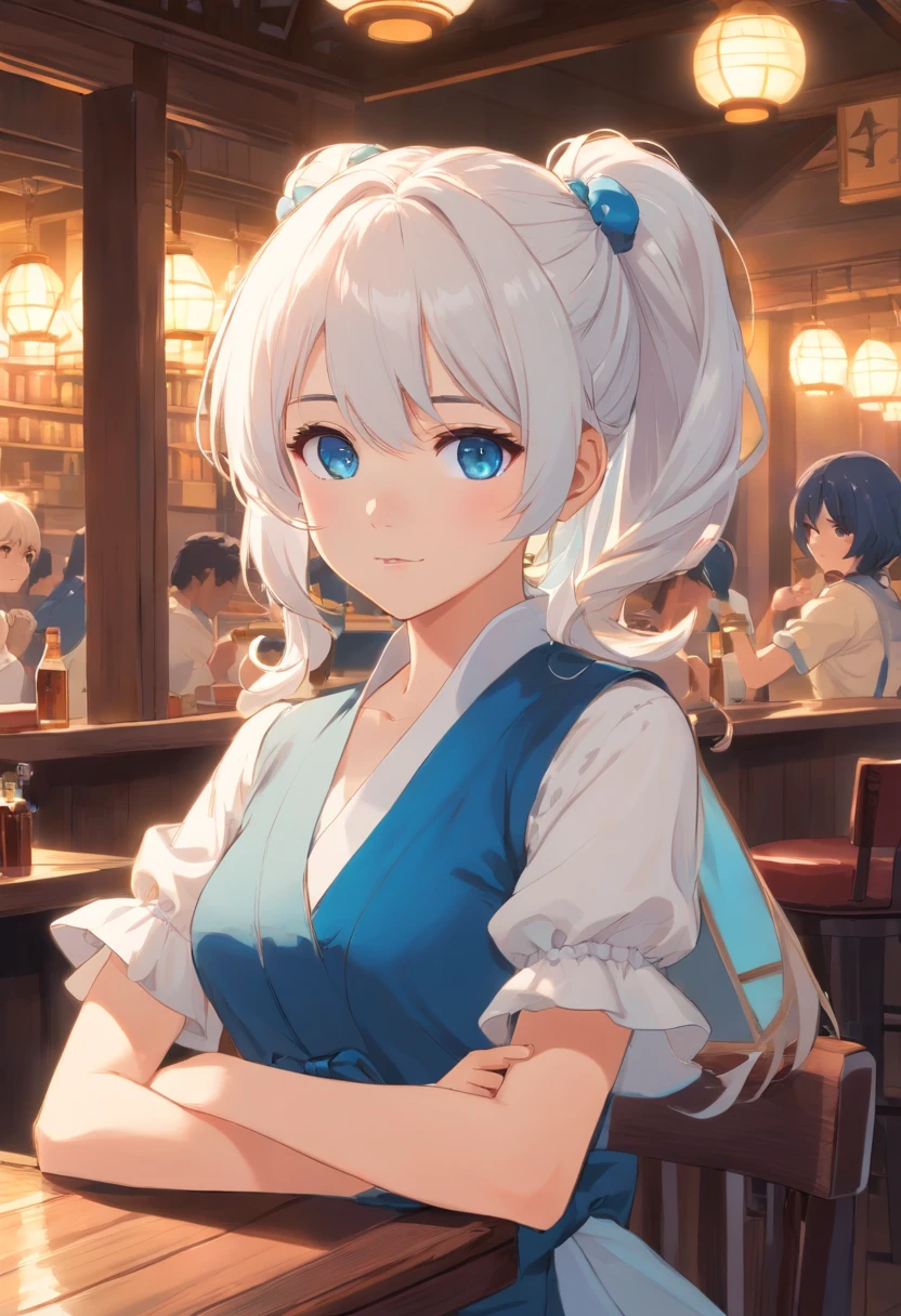 White color hair，Double ponytail curls，blue color eyes，White Lolita，Beth，Inside the tavern