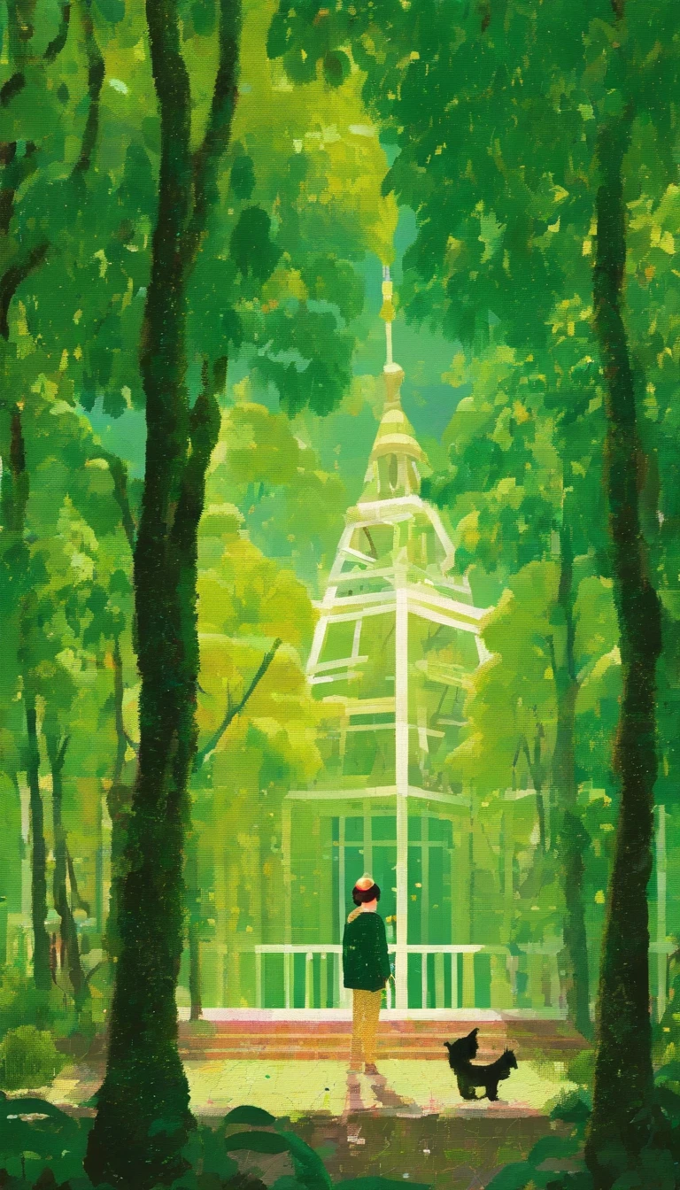 Golden Week Resort，green color，The tree，One guy，Flat style illustration
